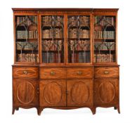 Y A GEORGE III MAHOGANY AND SATINWOOD INLAID BREAKFRONT SECRETAIRE BOOKCASE, CIRCA 1790