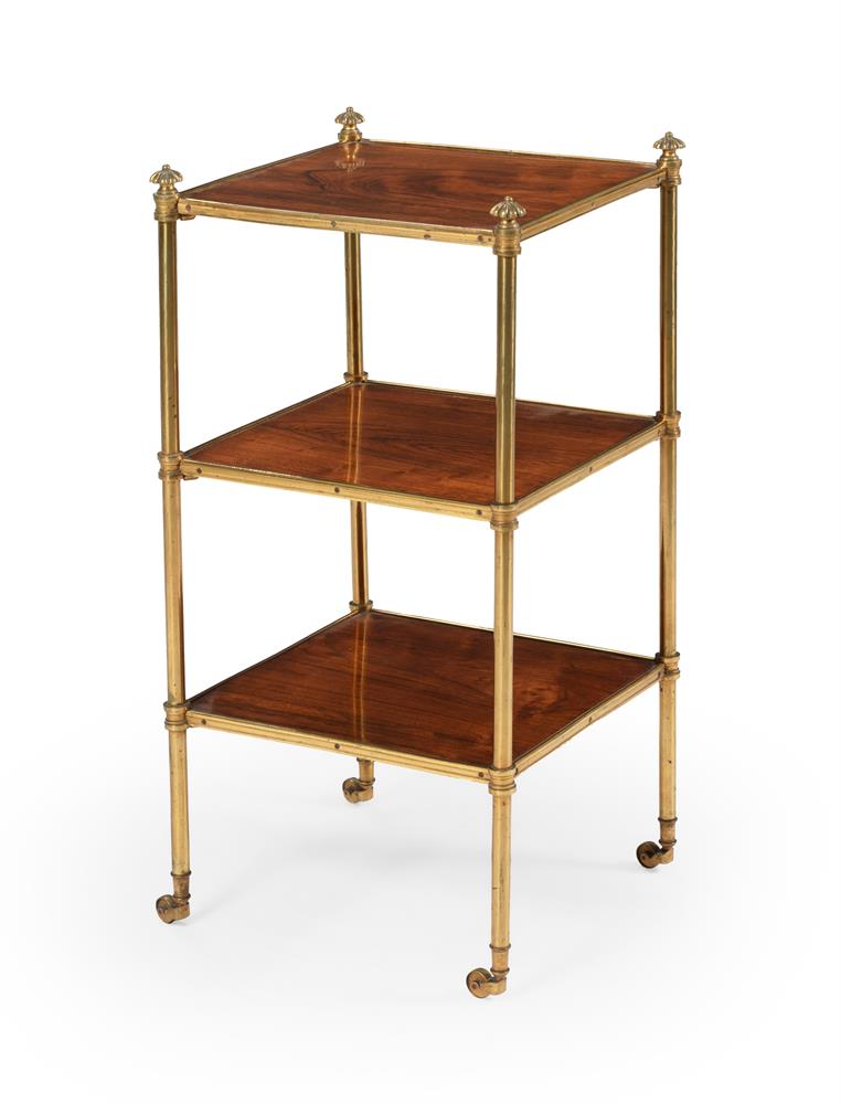 Y A REGENCY ROSEWOOD AND GILT BRASS THREE TIER ETAGERE, CIRCA 1815