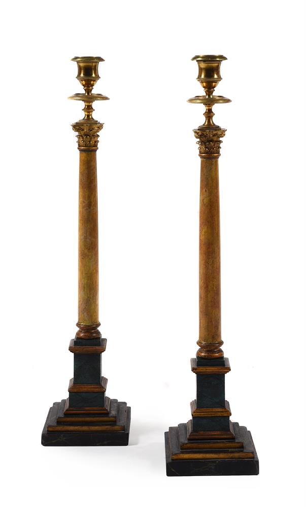 A TALL PAIR OF BRASS MOUNTED PAINTED COLUMNAR CANDLESTICKS, 20TH CENTURY