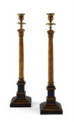A TALL PAIR OF BRASS MOUNTED PAINTED COLUMNAR CANDLESTICKS, 20TH CENTURY