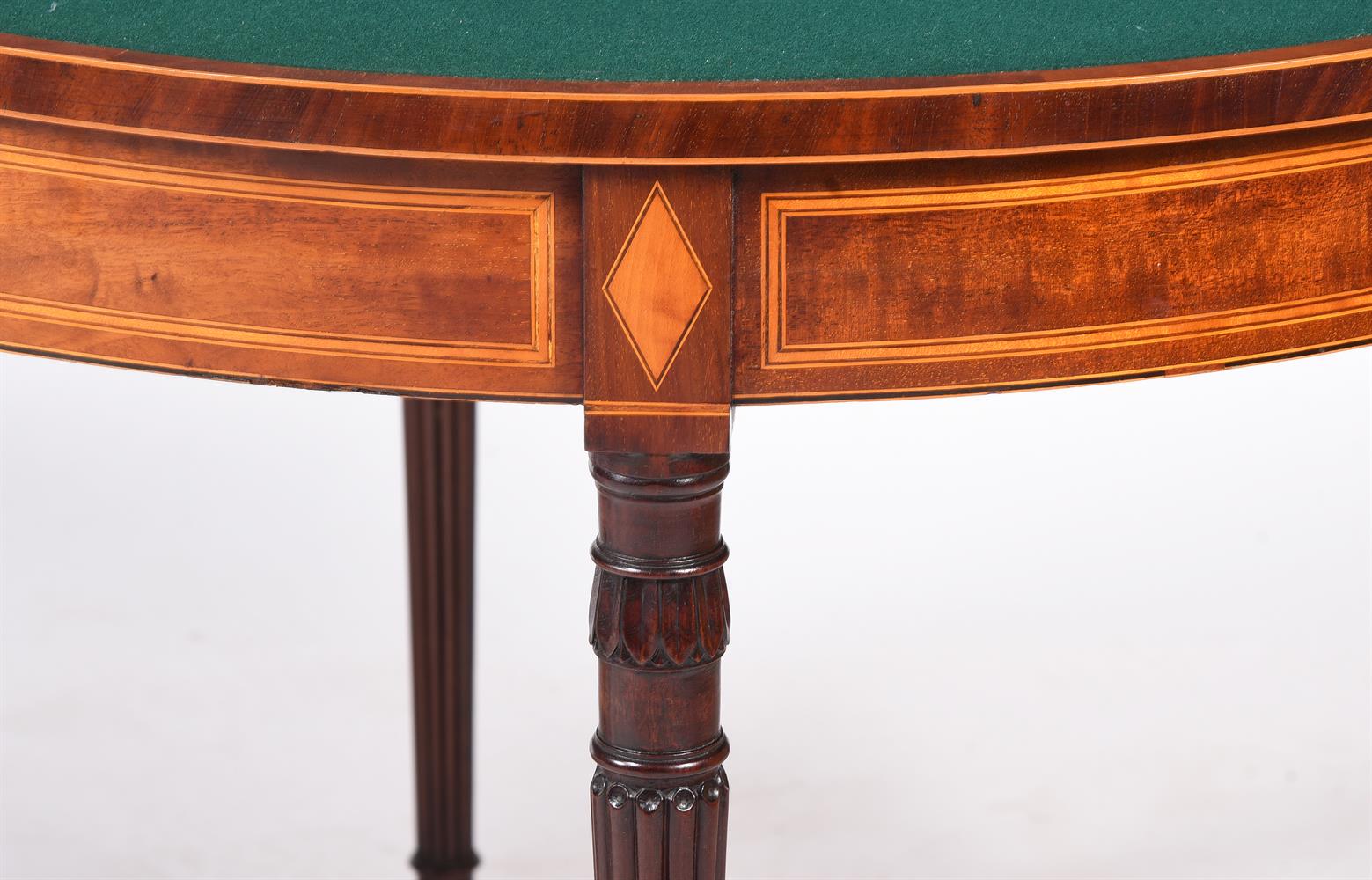 Y A PAIR OF GEORGE III MAHOGANY AND SATINWOOD CROSSBANDED DEMI-LUNE CARD TABLES, CIRCA 1800 - Image 5 of 5