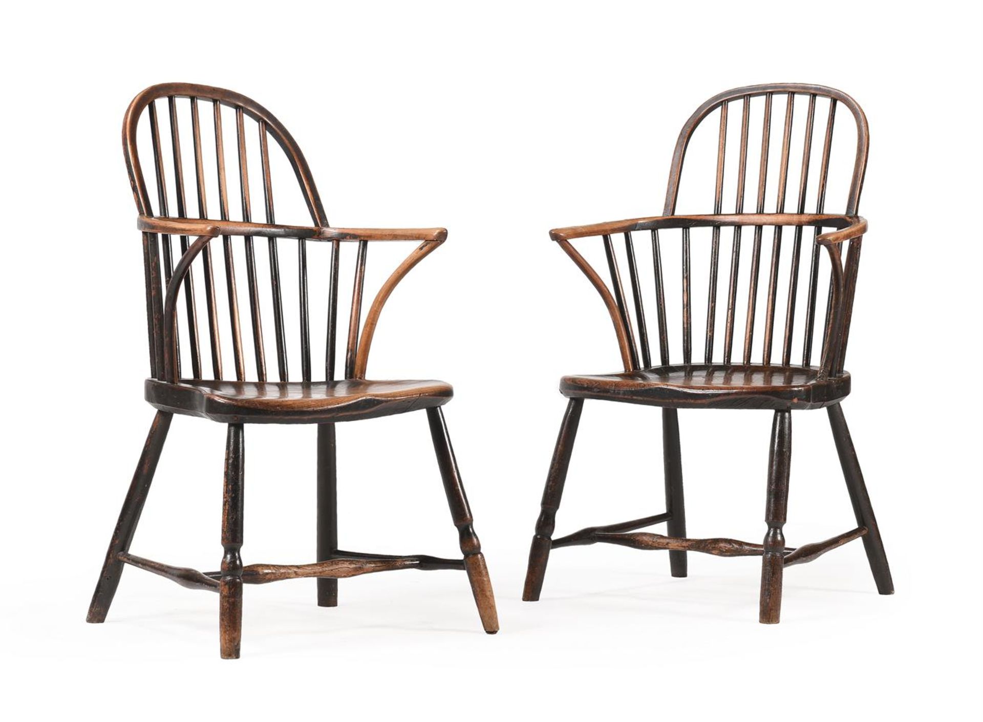 A PAIR OF FRUITWOOD, ASH AND ELM WINDSOR ARMCHAIRS, LATE 18TH/EARLY 19TH CENTURY