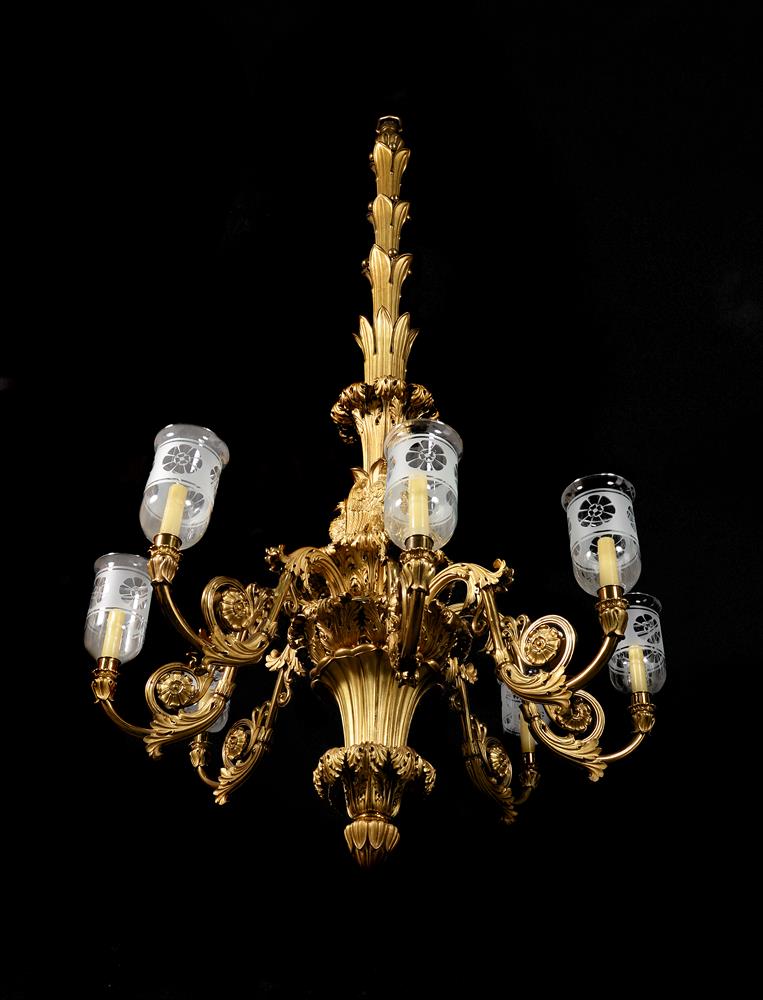 A LARGE AND IMPRESSIVE GILT AND LACQUERED BRASS EIGHT BRANCH CHANDELIER, CIRCA 1825 AND LATER - Image 2 of 10