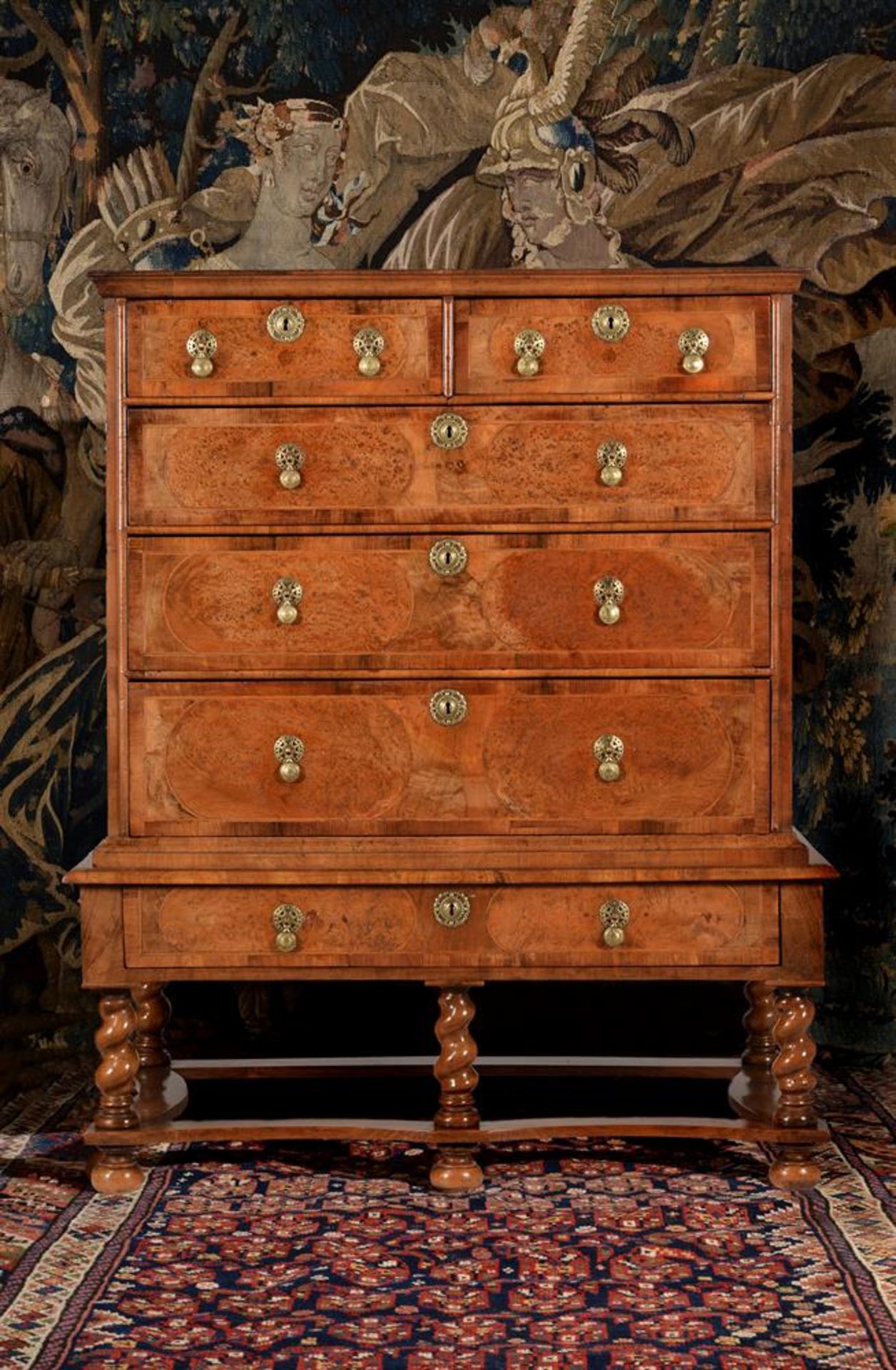 A WILLIAM & MARY BURR ELM, WALNUT AND FRUITWOOD INLAID CHEST ON STAND, CIRCA 1690