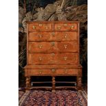 A WILLIAM & MARY BURR ELM, WALNUT AND FRUITWOOD INLAID CHEST ON STAND, CIRCA 1690