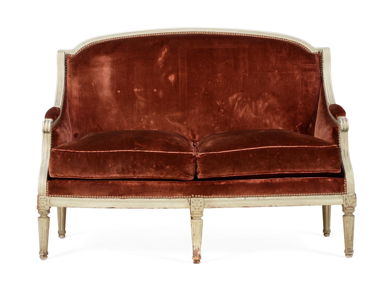 A LOUIS XVI PAINTED BEECH WOOD AND VELVET UPHOLSTERED CANAPE, LATE 18TH CENTURY