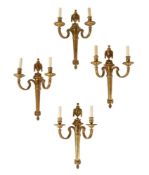 A SET OF FOUR LARGE ORMOLU TWIN LIGHT WALL APPLIQUES, FRENCH, 19TH CENTURY