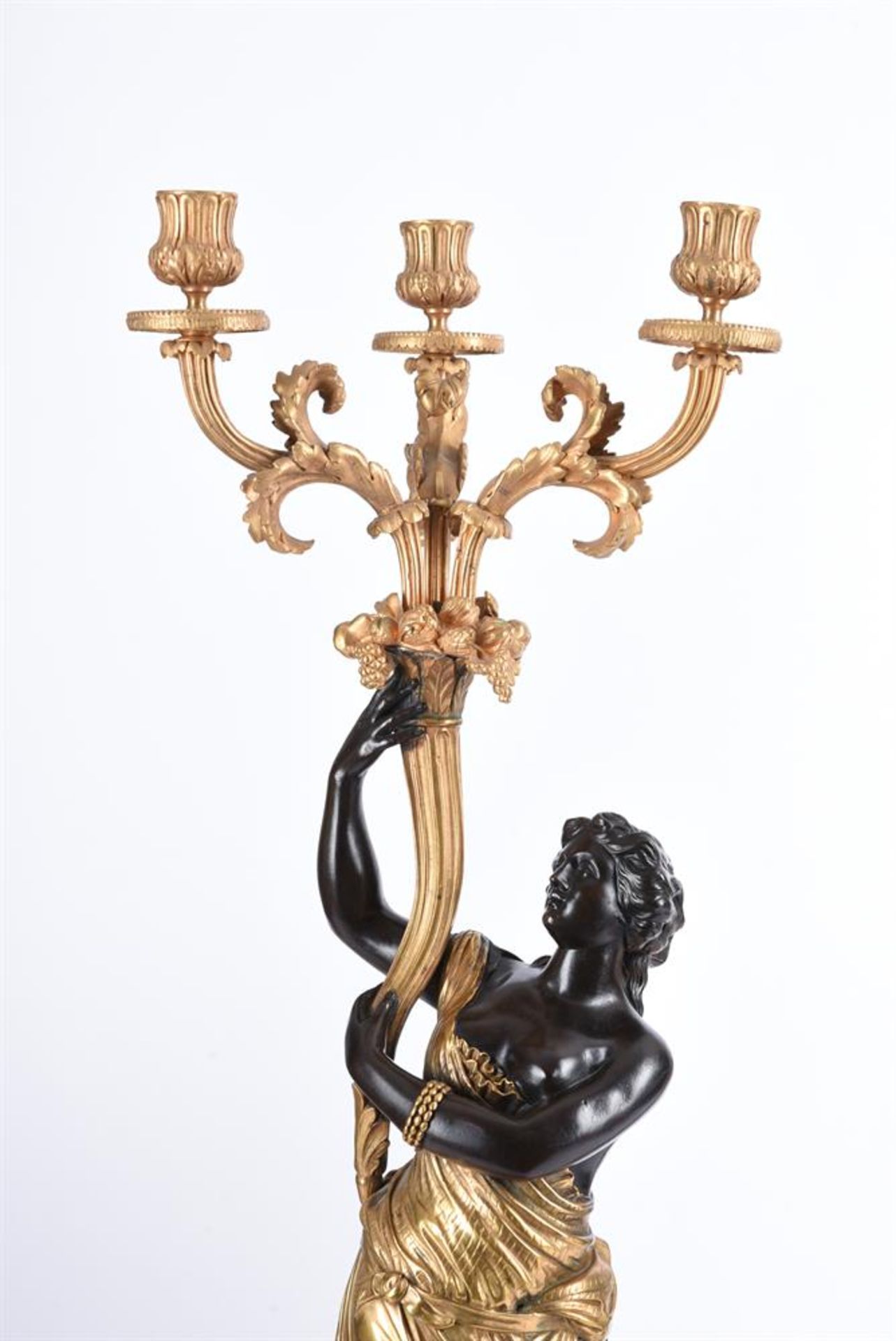 A PAIR OF ORMOLU AND PATINATED BRONZE THREE LIGHT CANDELABRA, LATE 19TH/EARLY 20TH CENTURY - Image 5 of 6