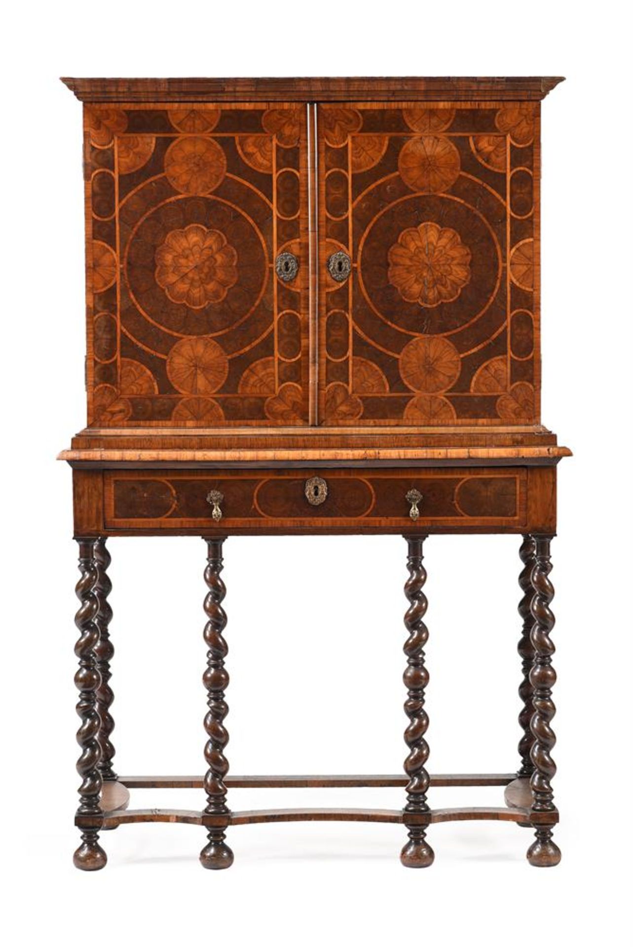 Y A WILLIAM & MARY ROSEWOOD, KINGWOOD AND OLIVEWOOD OYSTER VENEERED CABINET ON STAND, CIRCA 1690