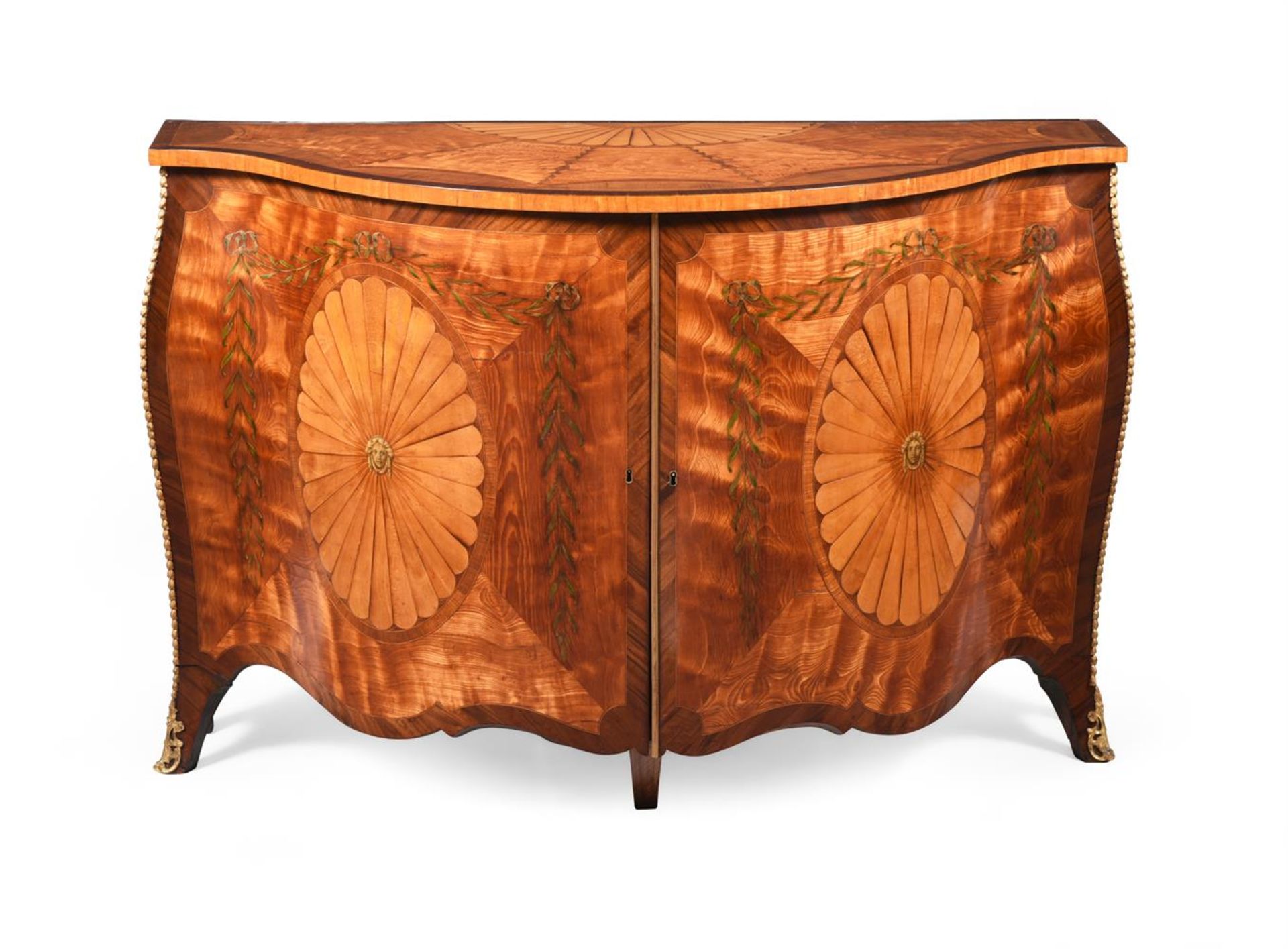 Y A GEORGE III SATINWOOD, MARQUETRY AND PAINTED SERPENTINE FRONTED COMMODE, CIRCA 1780 - Bild 2 aus 12