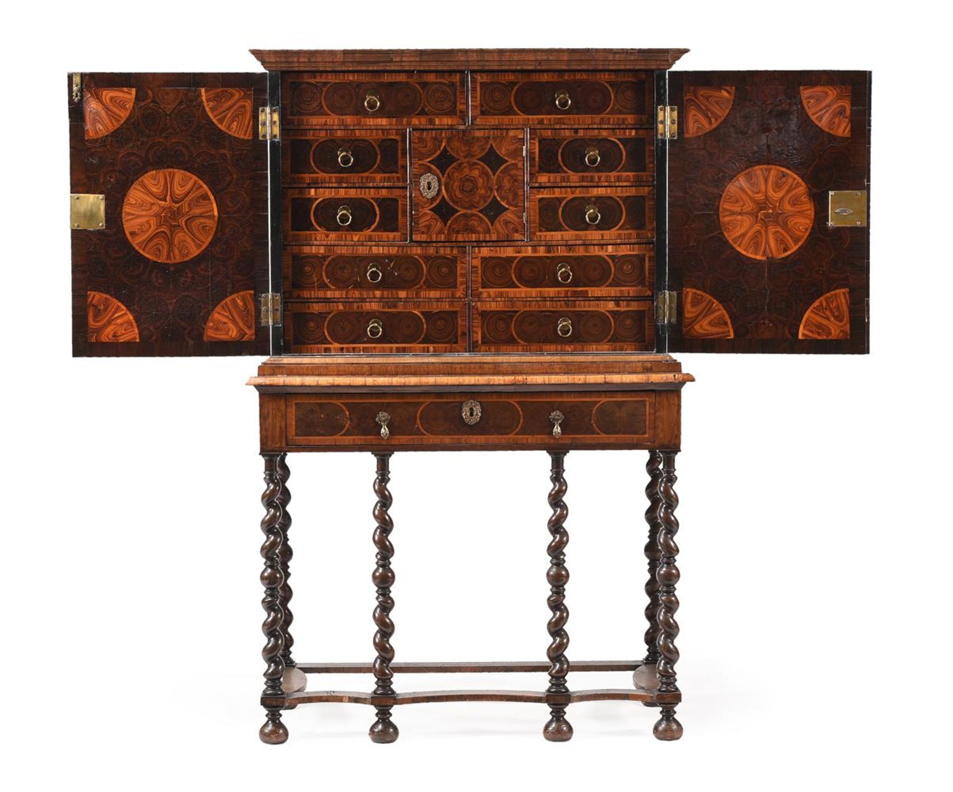 Y A WILLIAM & MARY ROSEWOOD, KINGWOOD AND OLIVEWOOD OYSTER VENEERED CABINET ON STAND, CIRCA 1690 - Bild 2 aus 11