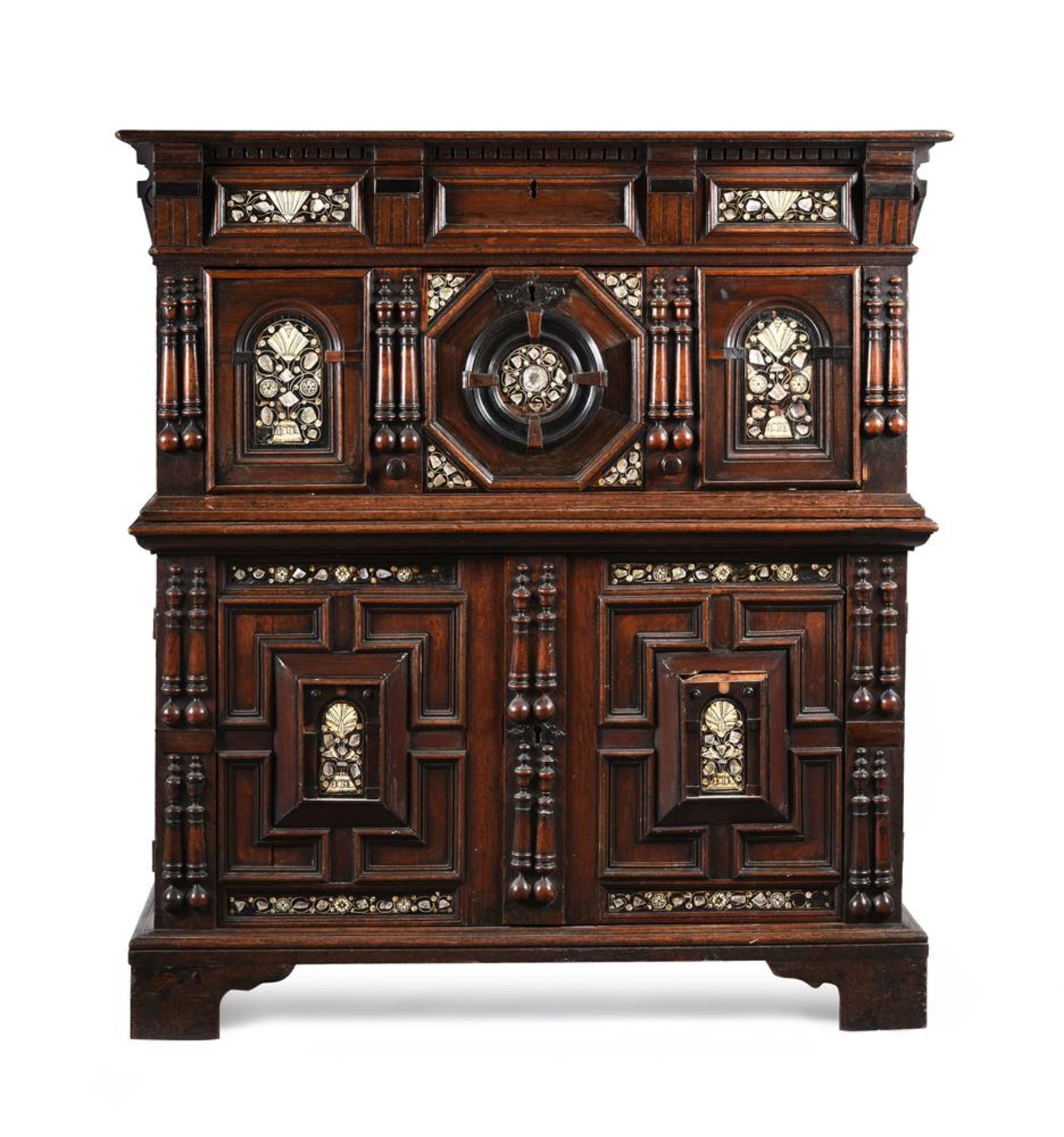 Y AN OAK, BONE AND MOTHER OF PEARL MARQUETRY INLAID SECRETAIRE CHEST OF DRAWERS, CIRCA 1660 AND LATE