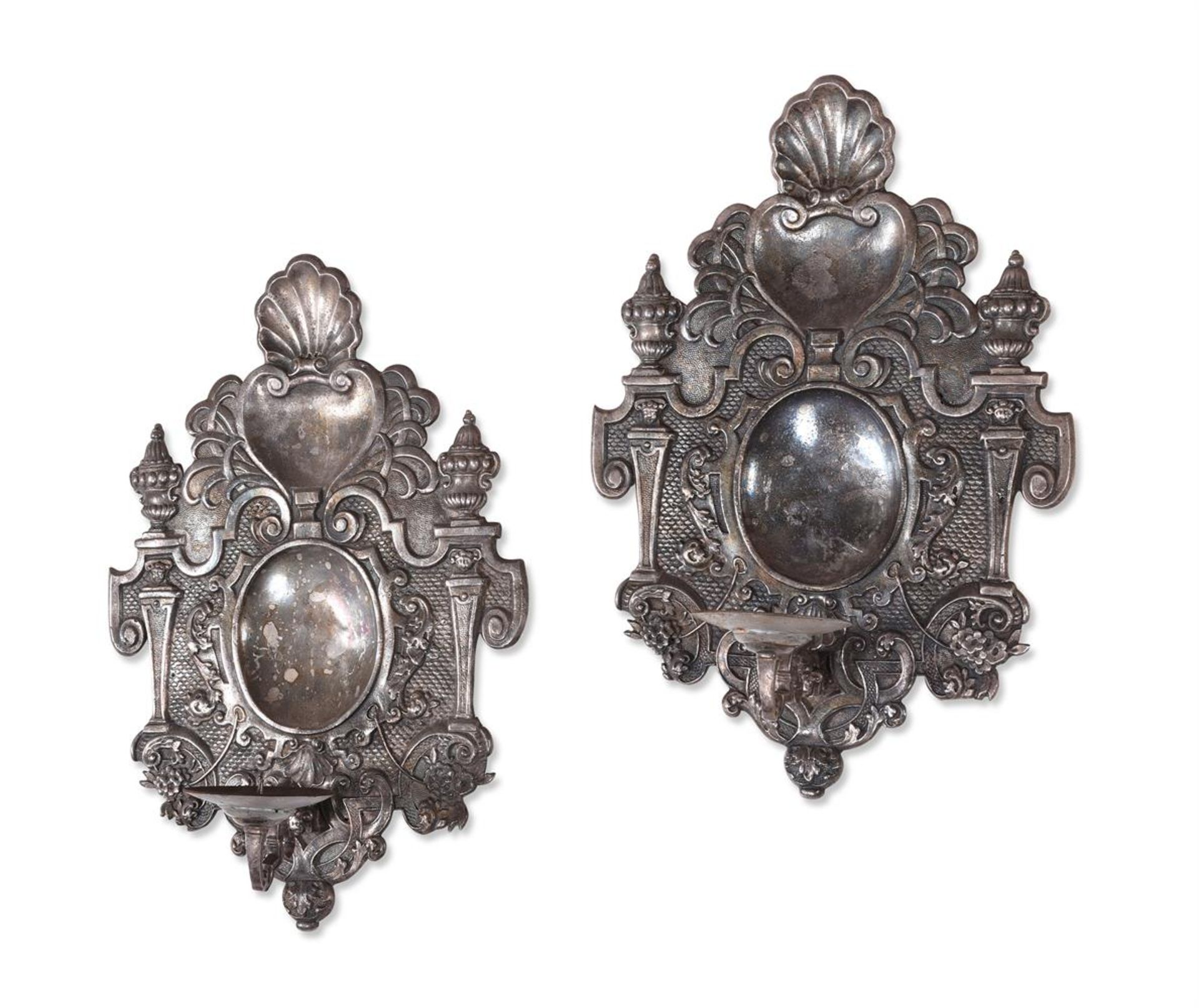 A PAIR OF POLISHED PEWTER WALL SCONCES, 19TH CENTURY, IN THE 17TH CENTURY MANNER
