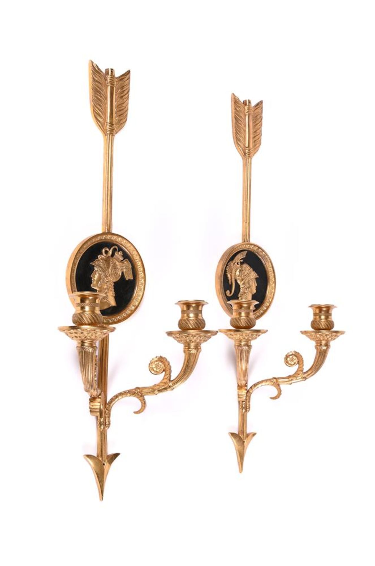 A PAIR OF GILT-BRONZE AND ORMOLU TWO BRANCH WALL LIGHTS, IN THE EMPIRE STYLE, 19TH CENTURY