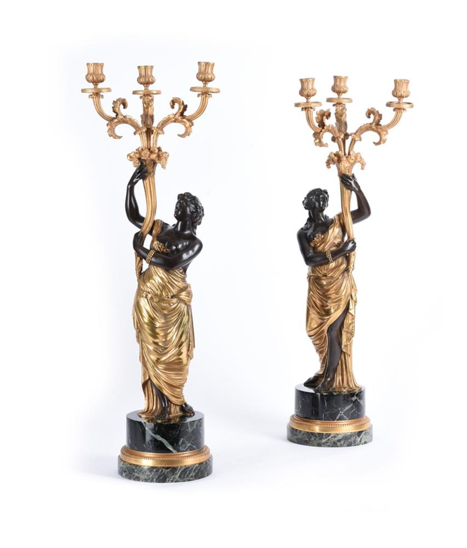 A PAIR OF ORMOLU AND PATINATED BRONZE THREE LIGHT CANDELABRA, LATE 19TH/EARLY 20TH CENTURY - Image 2 of 6