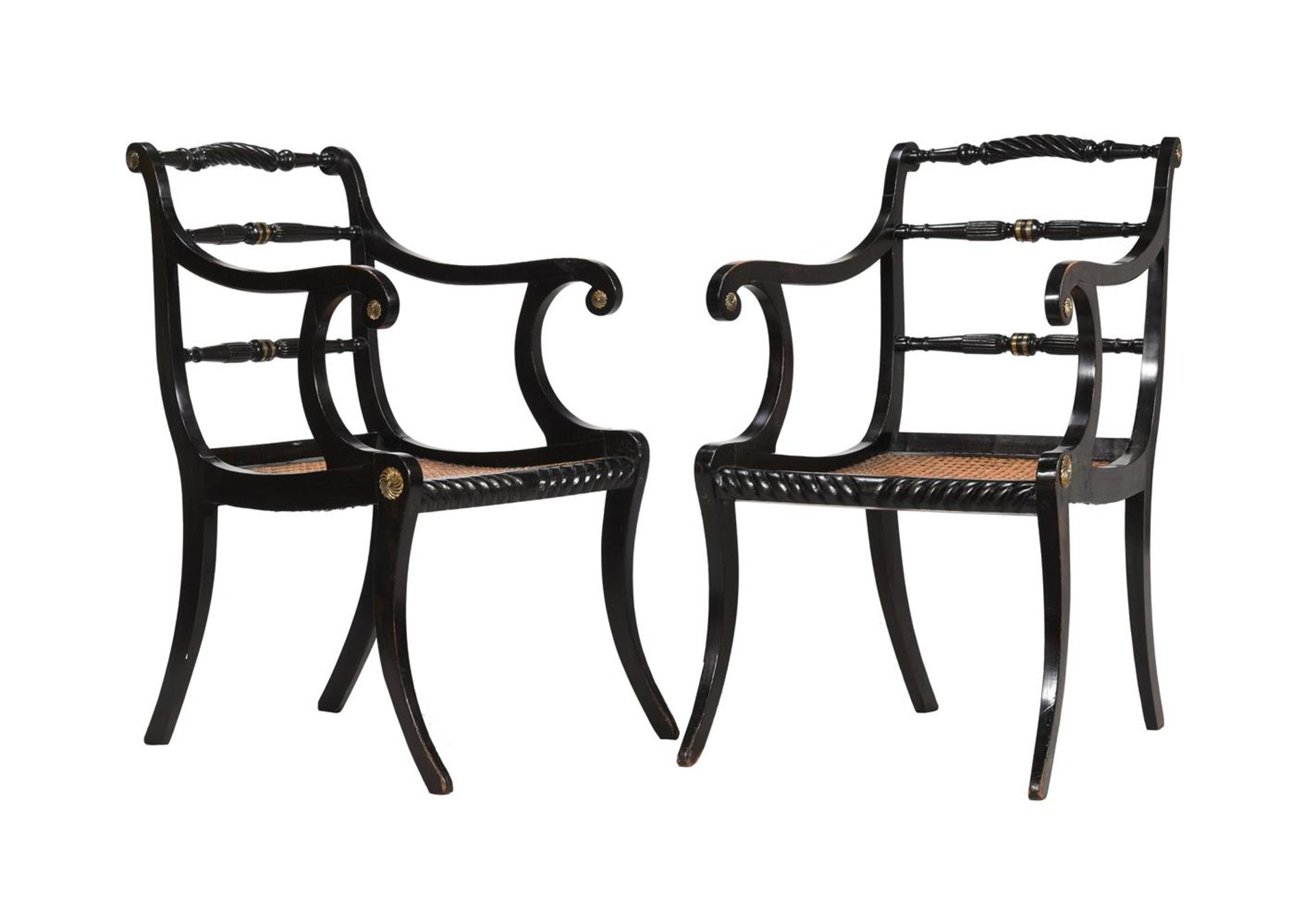 A PAIR OF REGENCY EBONISED AND BRASS INLAID ARMCHAIRS, EARLY 19TH CENTURY