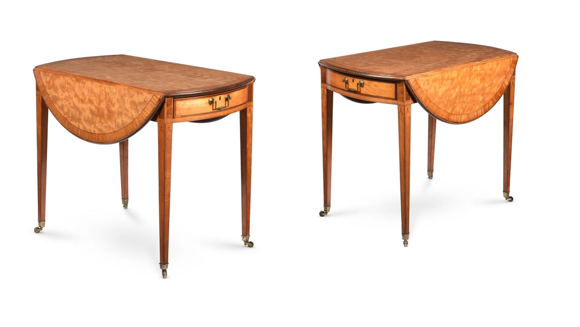 Y A PAIR OF GEORGE III SATINWOOD, PURPLE HEART AND ROSEWOOD BANDED OVAL PEMBROKE TABLES, CIRCA 1780