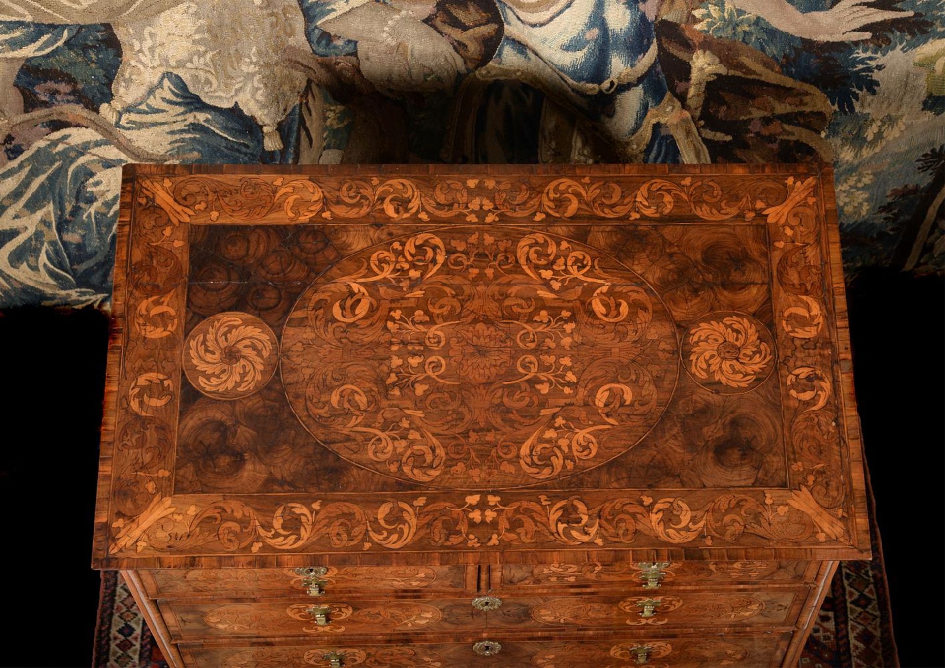 A FINE AND RARE WILLIAM & MARY WALNUT, FRUITWOOD, OLIVE-WOOD OYSTER-VENEERED CHEST ON STAND - Image 2 of 5