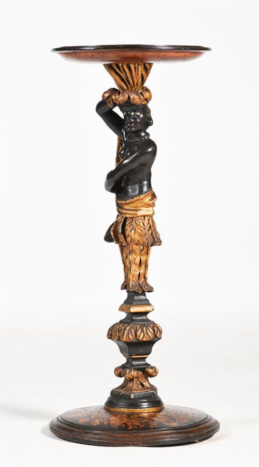 A CONTINENTAL GILTWOOD, EBONISED AND MARQUETRY 'BLACKAMOOR' MARBLE TOP STAND, LATE 17TH/18TH CENTURY - Image 3 of 5