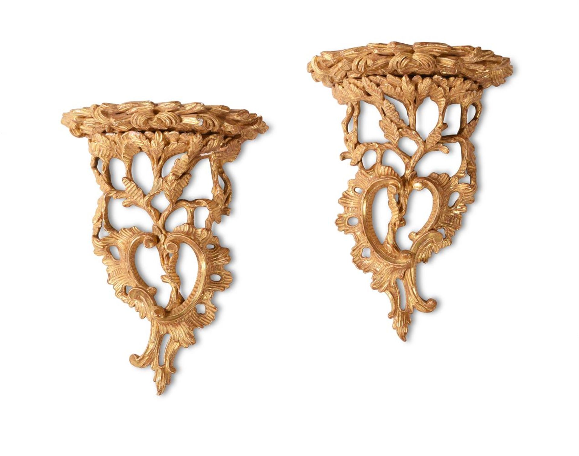 A PAIR OF CARVED GILTWOOD WALL BRACKETS, IN MID 18TH CENTURY MANNER, 19TH CENTURY - Image 2 of 4