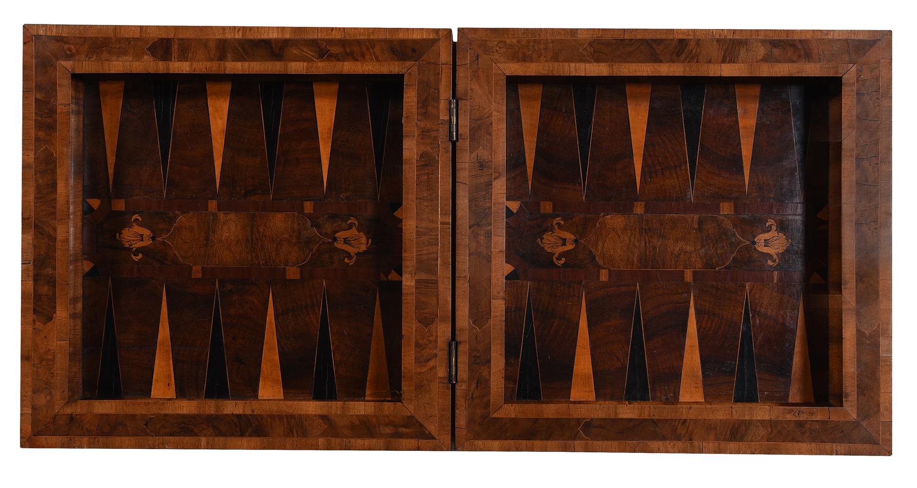 A GERMAN WALNUT AND MARQUETRY FOLDING CHESS AND BACKGAMMON BOARD, 18TH CENTURY - Image 6 of 7