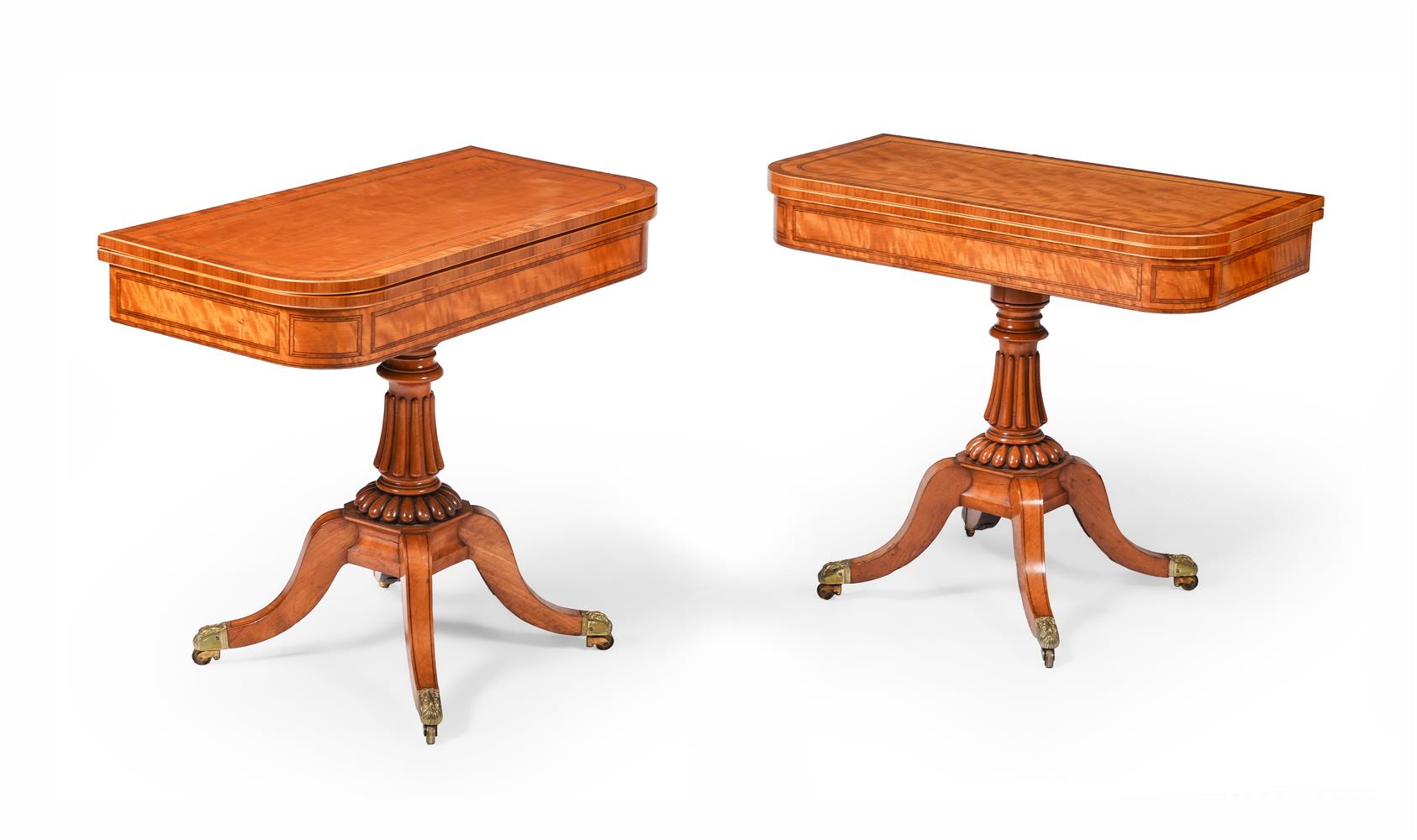 Y A PAIR OF GEORGE IV SATINWOOD, TULIPWOOD CROSSBANDED AND LINE INLAID FOLDING CARD TABLES, CIRCA 18