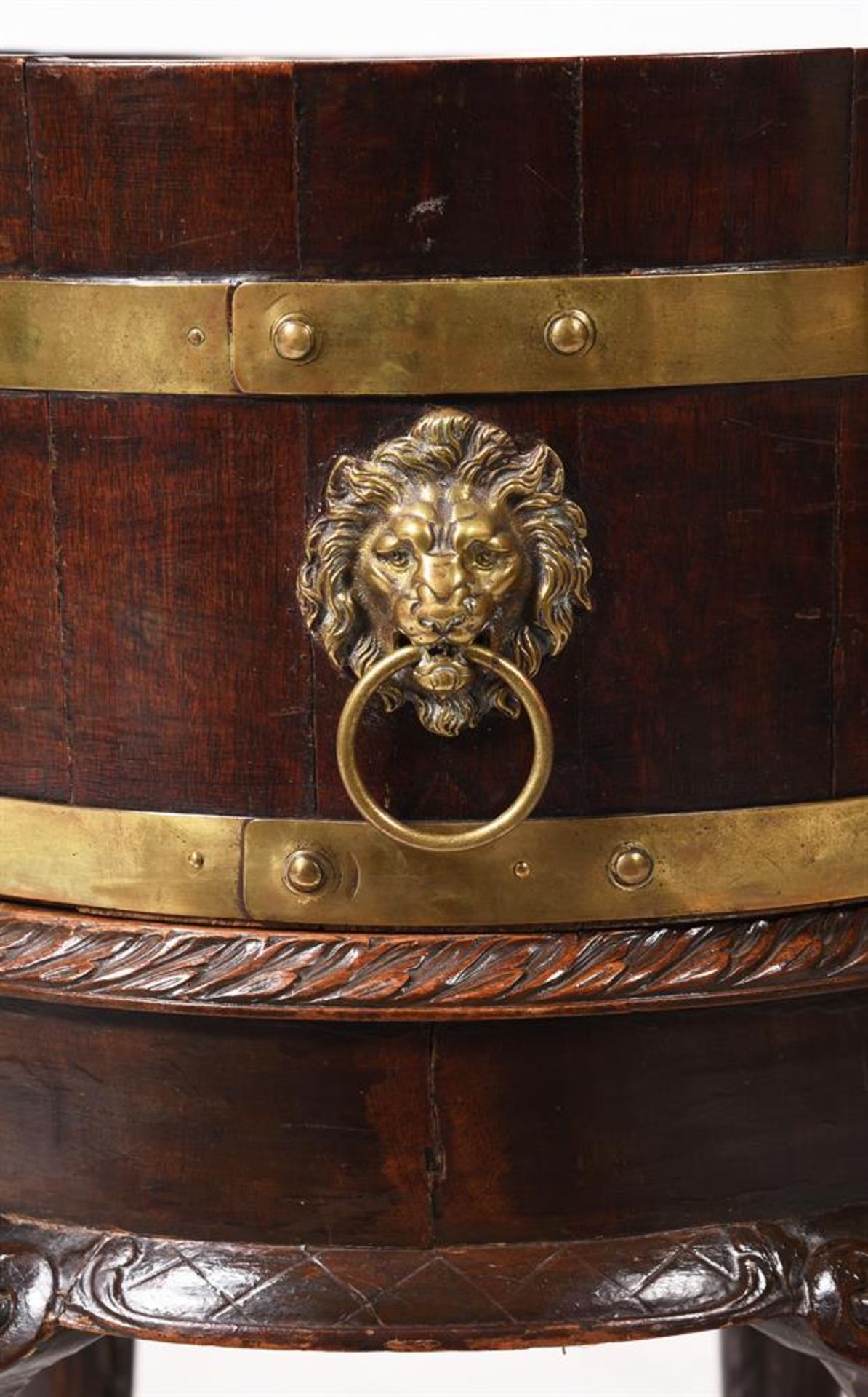 A MAHOGANY AND BRASS BOUND OVAL WINE COOLER ON STAND, IN 18TH CENTURY STYLE, 19TH CENTURY - Image 3 of 4