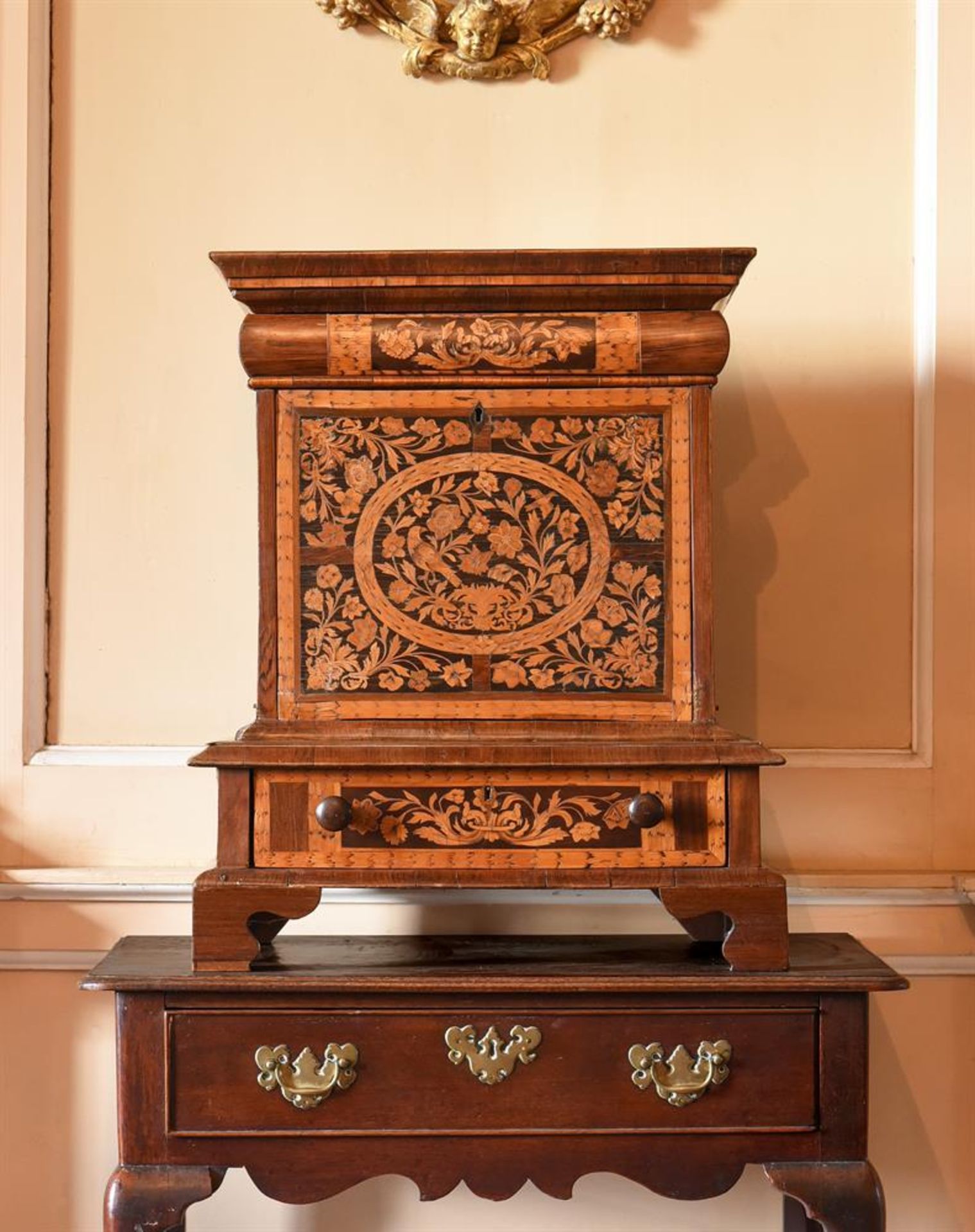 A WALNUT AND MARQUETRY TABLE TOP CABINETIN WILLIAM AND MARY STYLE