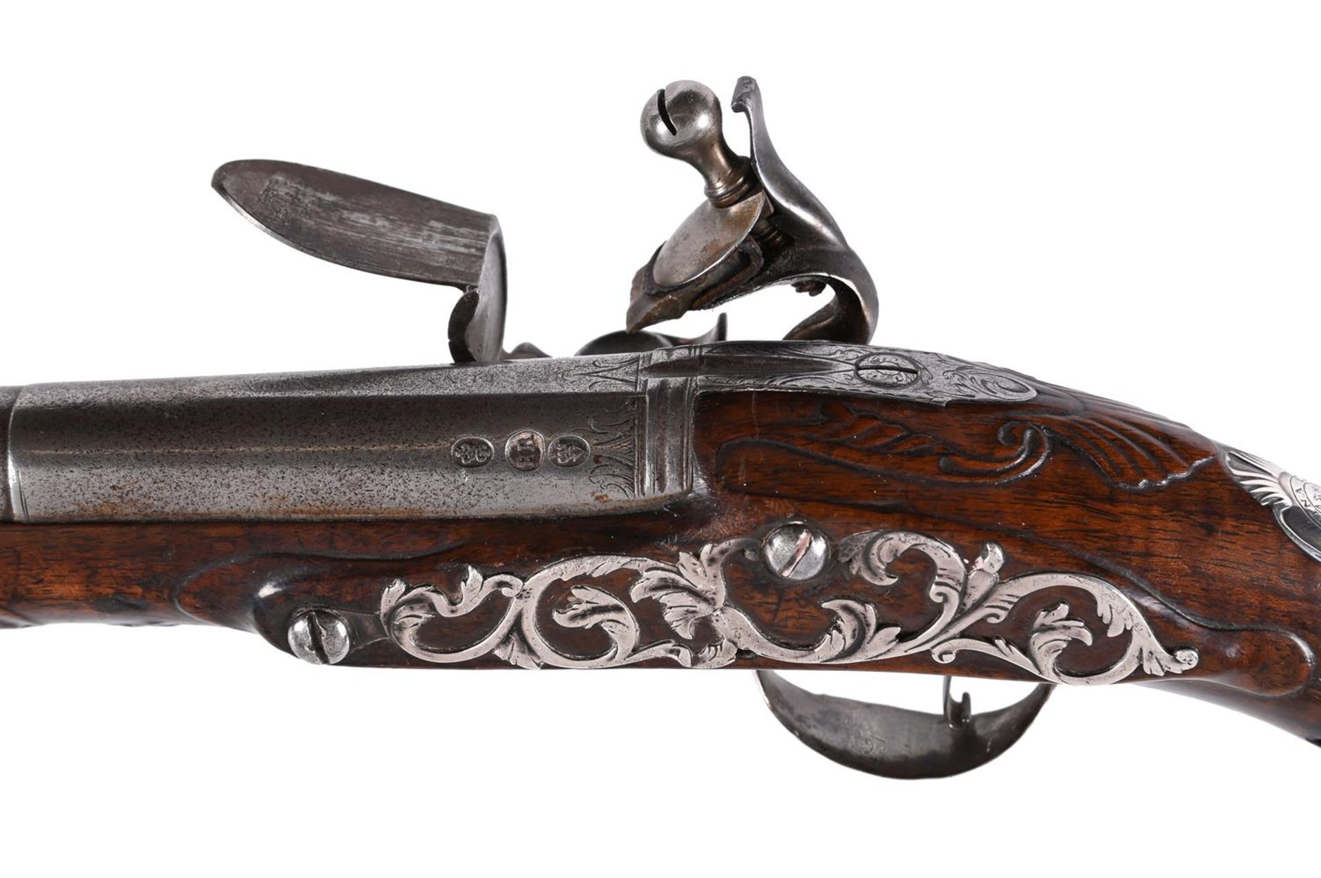 BENNETT LONDON; A PAIR OF WALNUT AND SILVER-METAL MOUNTED HOLSTER PISTOLS - Image 5 of 8