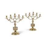 A PAIR OF BRASS FIVE LIGHT CANDELABRA, 19TH CENTURY, IN THE 17TH CENTURY MANNER