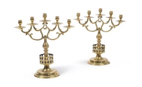 A PAIR OF BRASS FIVE LIGHT CANDELABRA, 19TH CENTURY, IN THE 17TH CENTURY MANNER