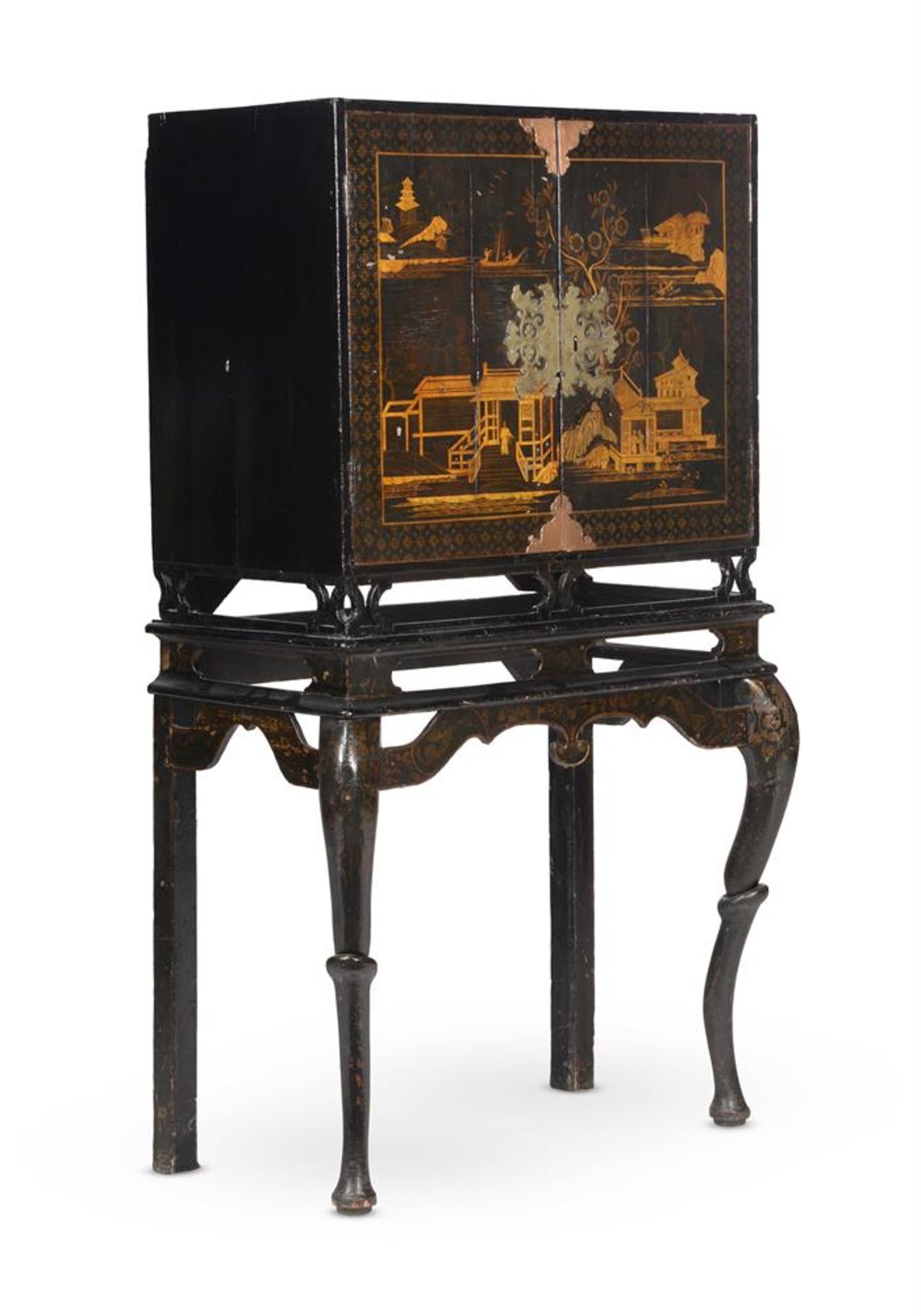 A BLACK LACQUER AND GILT CHINOISERIE DECORATED CABINET ON STAND, LATE 18TH OR EARLY 19TH CENTURY - Image 2 of 7