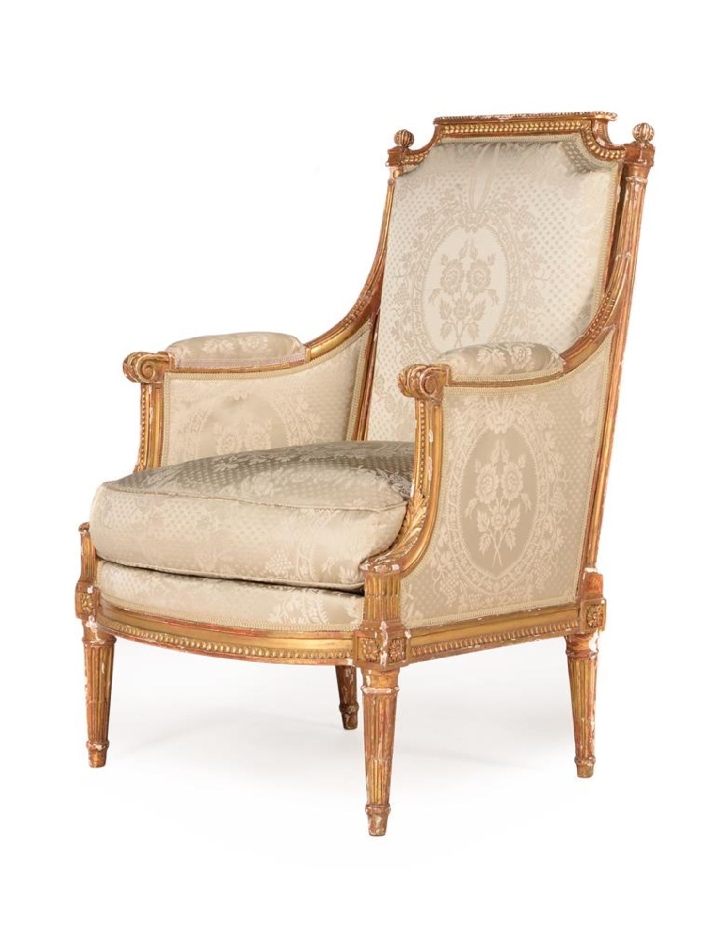 A LOUIS XVI GILTWOOD AND UPHOLSTERED BERGERE BY ADRIEN-PIERRE DUPAIN, CIRCA 1780