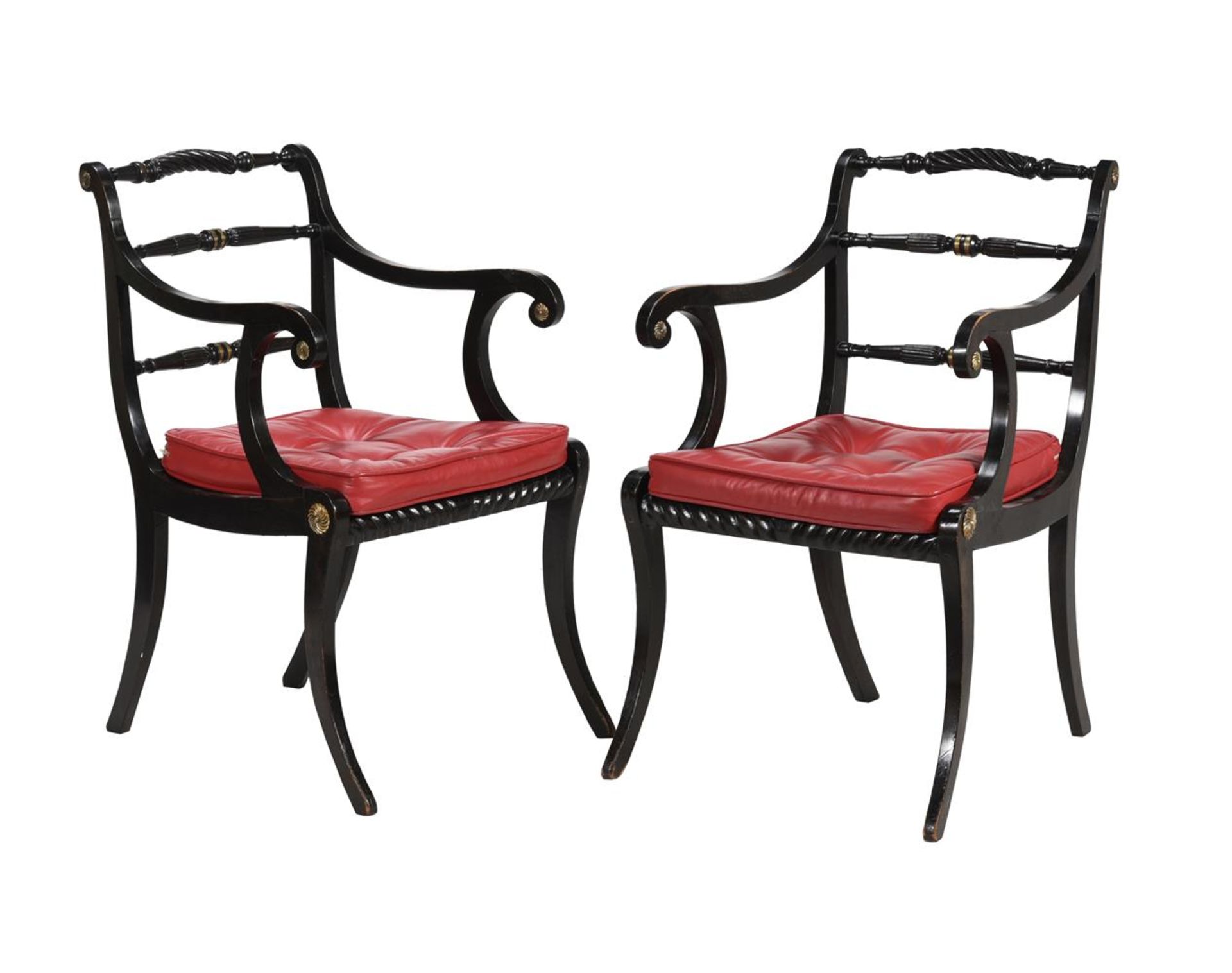 A PAIR OF REGENCY EBONISED AND BRASS INLAID ARMCHAIRS, EARLY 19TH CENTURY - Bild 4 aus 5