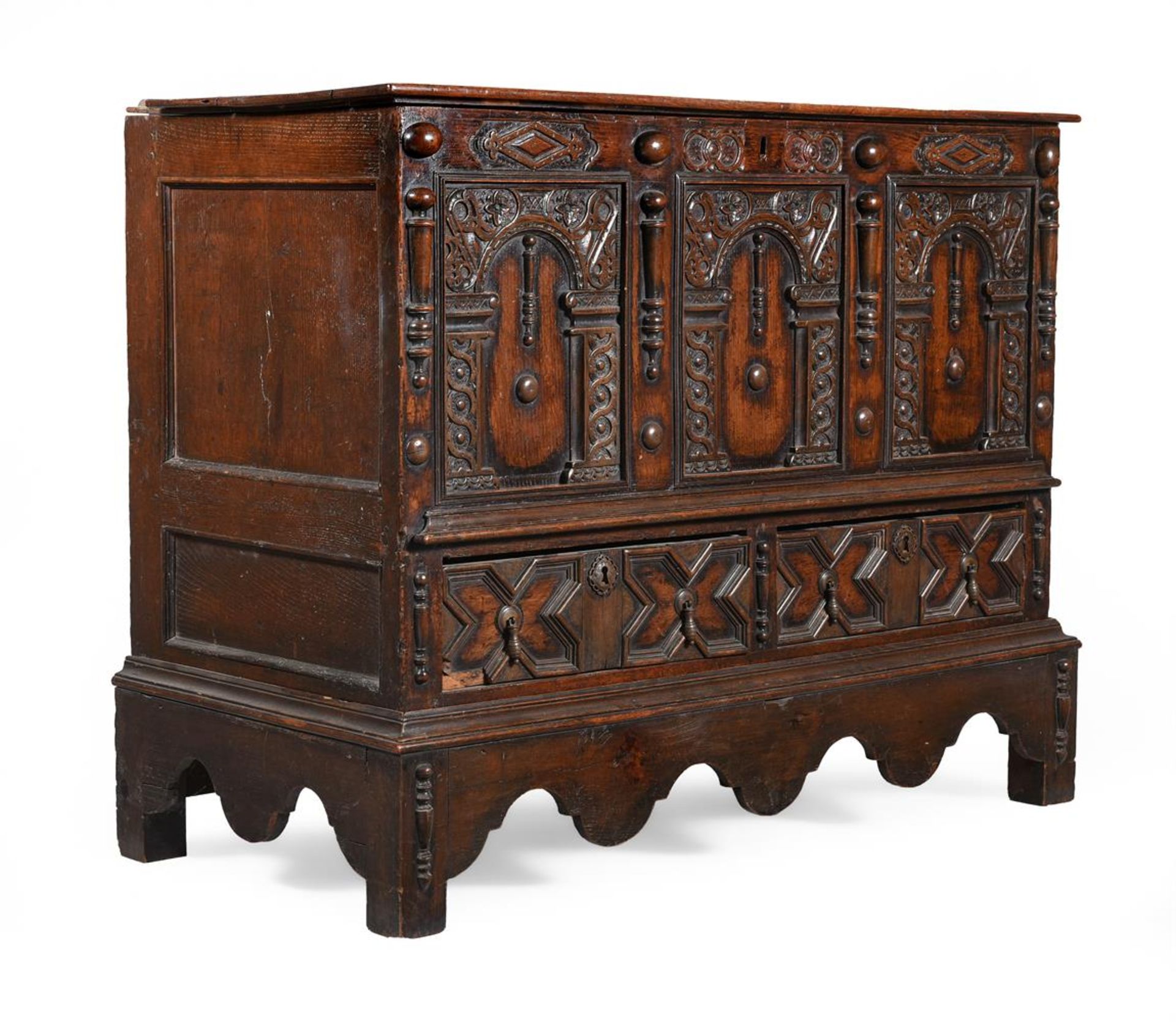 A CHARLES II OAK MULE CHEST, CIRCA 1660 AND LATER - Image 2 of 3