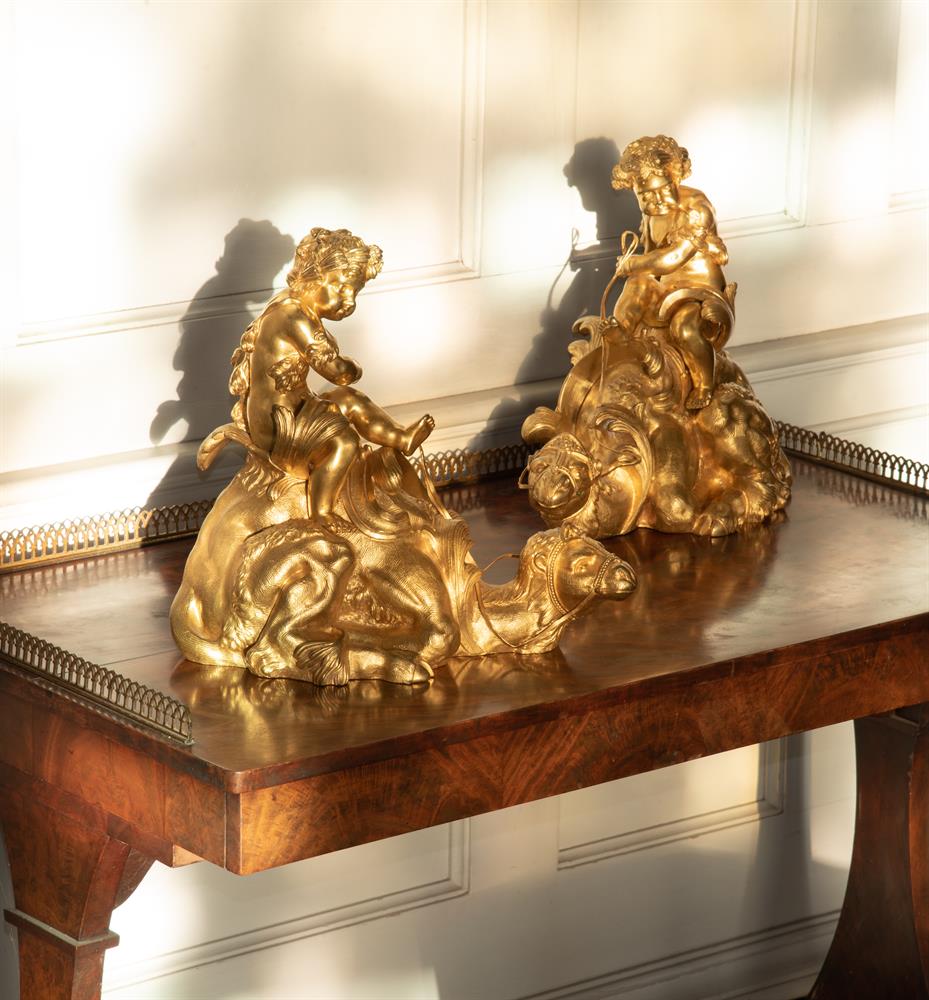 AN UNUSUAL PAIR OF ORMOLU CAMEL CHENETS, LATE 19TH CENTURY, IN THE LOUIS XVI MANNER - Image 5 of 6