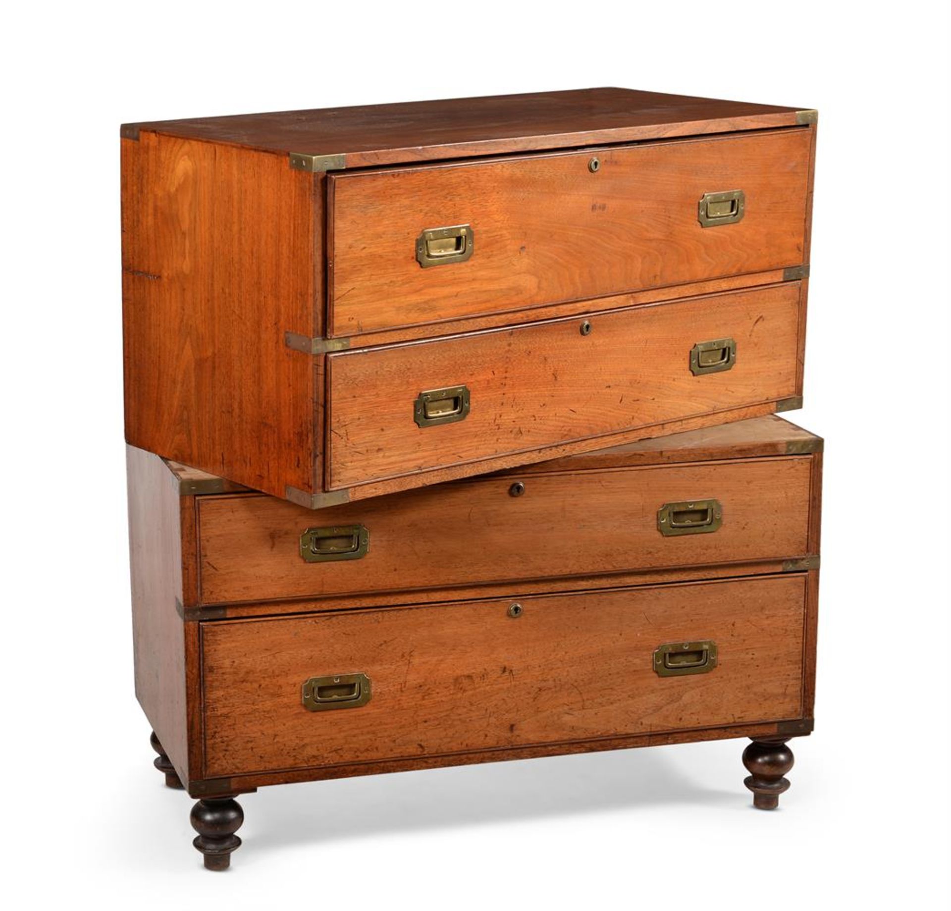 A VICTORIAN TEAK AND BRASS BOUND SECRETAIRE CAMPAIGN CHEST, BY T WHITE & CO, MID 19TH CENTURY - Image 4 of 6