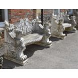 A PAIR OF CARVED WHITE MARBLE GARDEN BENCHES, IN RENAISSANCE STYLE, LATE 20TH CENTURY