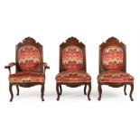 A SET OF THREE ITALIAN WANUT AND UPHOLSTERED CHAIRS, 19TH CENTURY