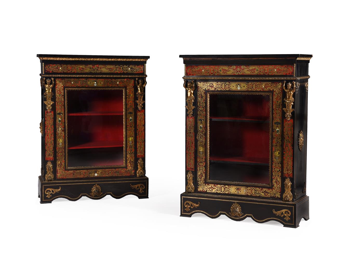Y A PAIR OF NAPOLEON III GILT METAL MOUNTED, EBONISED, TORTOISESHELL AND BRASS MARQUETRY PIER CABINE
