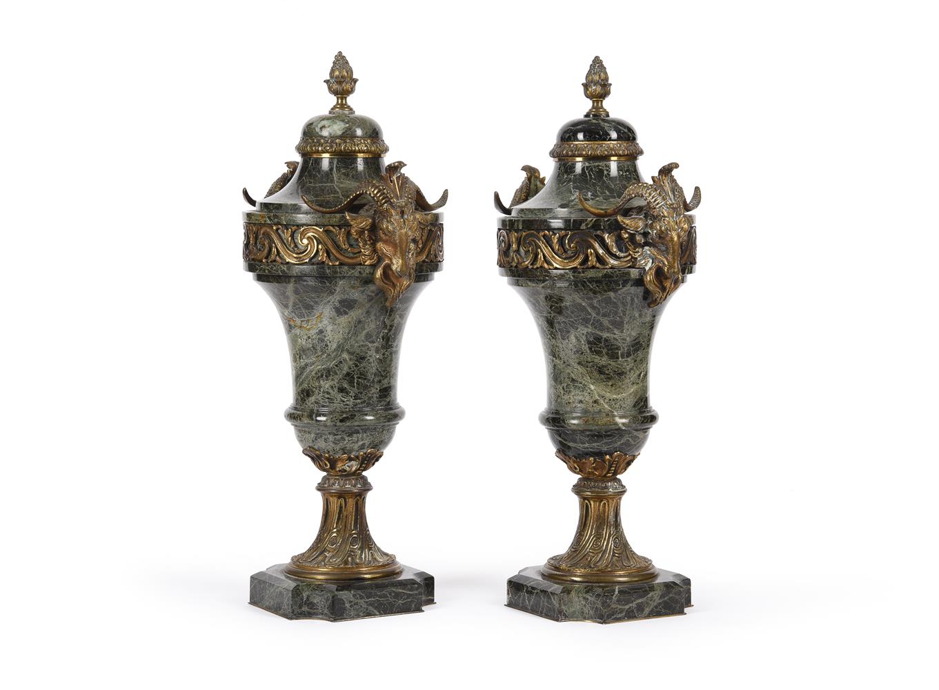A PAIR OF SERPENTINE MARBLE AND GILT METAL MOUNTED URNS, FRENCH, LATE 19TH CENTURY