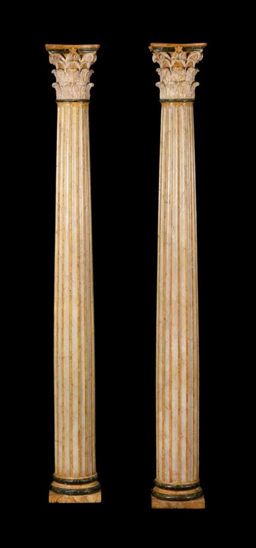 A PAIR OF PLASTER CORINTHIAN COLUMNS PAINTED TO SIMULATE MARBLE, 20TH CENTURY