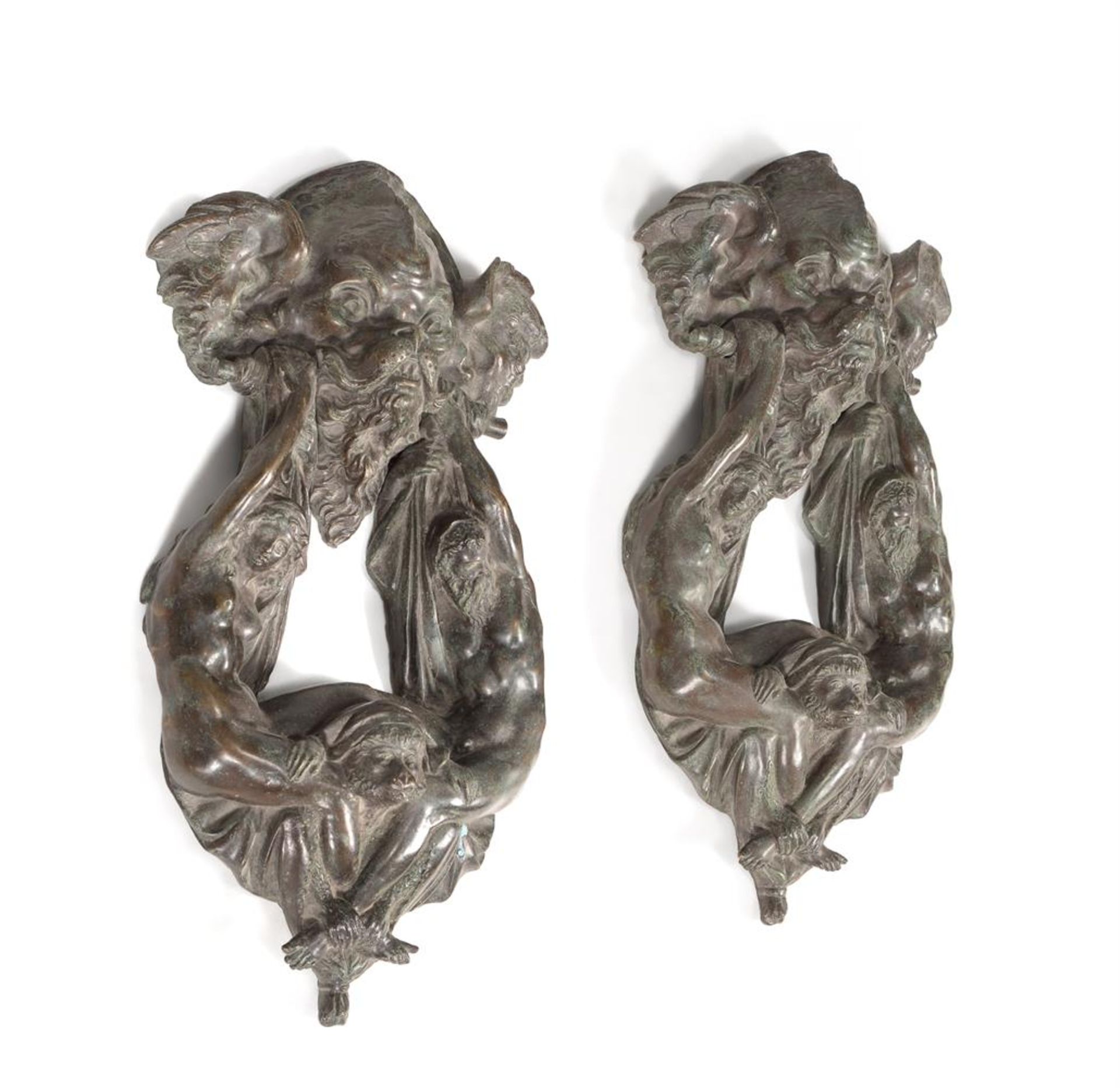 AN ORNATE LARGE PAIR OF BRONZED DOOR KNOCKERS, PROBABLY 19TH CENTURY, ITALIAN - Image 2 of 2