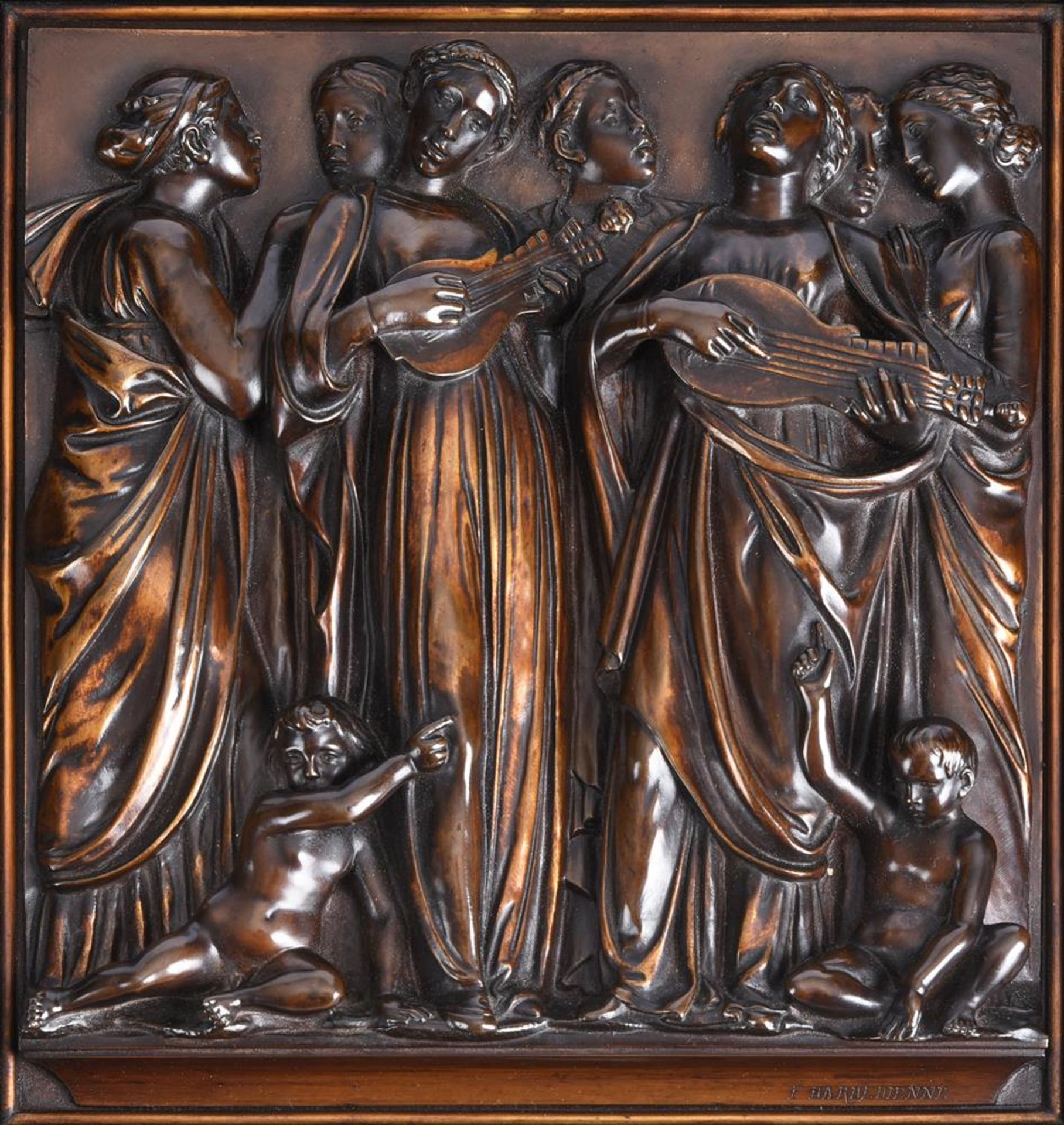 AFTER LUCA DELLA ROBBIA, A PAIR OF BARBEDIENNE PARCEL GILT BRONZE 'CANTORIA' PLAQUES, FRENCH - Image 2 of 6