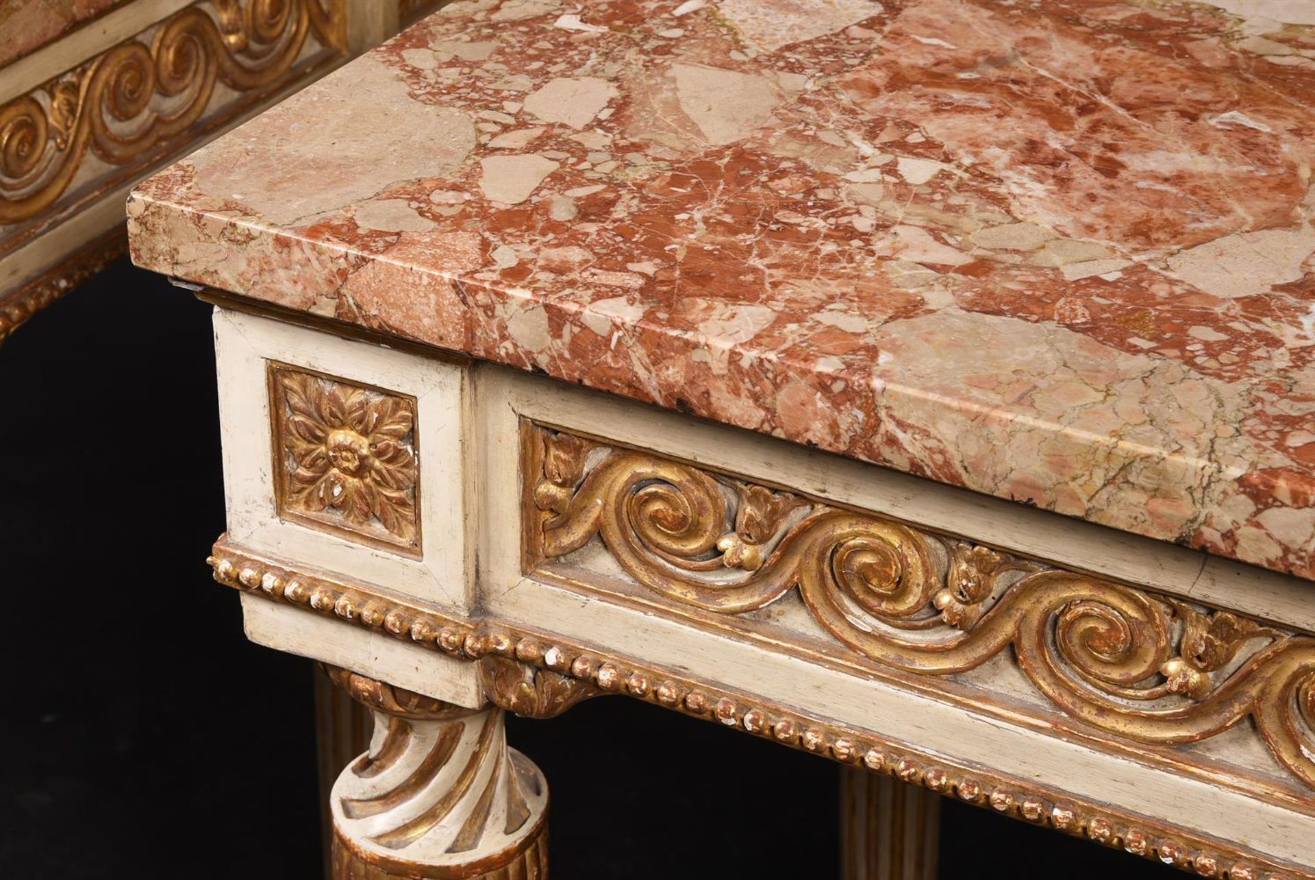 A PAIR OF CONTINENTAL CREAM PAINTED AND PARCEL-GILT CONSOLE TABLES, LATE 18TH/19TH CENTURY - Image 5 of 6