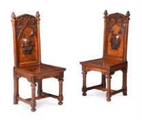 A PAIR OF VICTORIAN FIGURED OAK AND BURR OAK HALL CHAIRS, SECOND HALF 19TH CENTURY