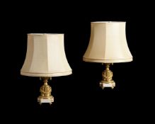 A PAIR OF GILT BRONZE AND MARBLE CLASSICAL URN TABLE LAMPS, FRENCH, 19TH CENTURY