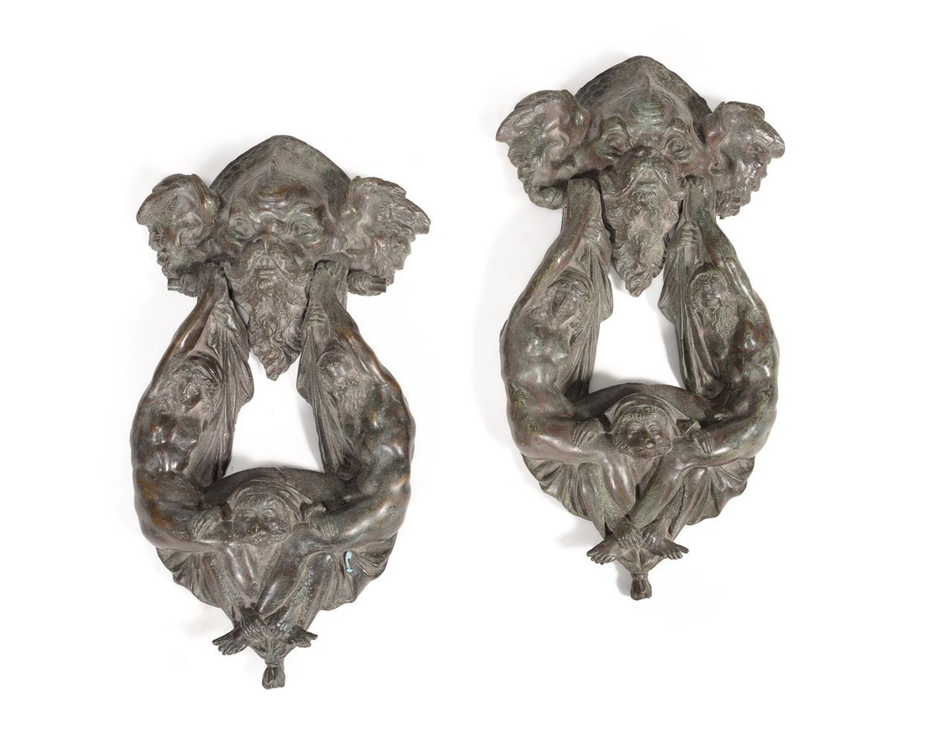 AN ORNATE LARGE PAIR OF BRONZED DOOR KNOCKERS, PROBABLY 19TH CENTURY, ITALIAN
