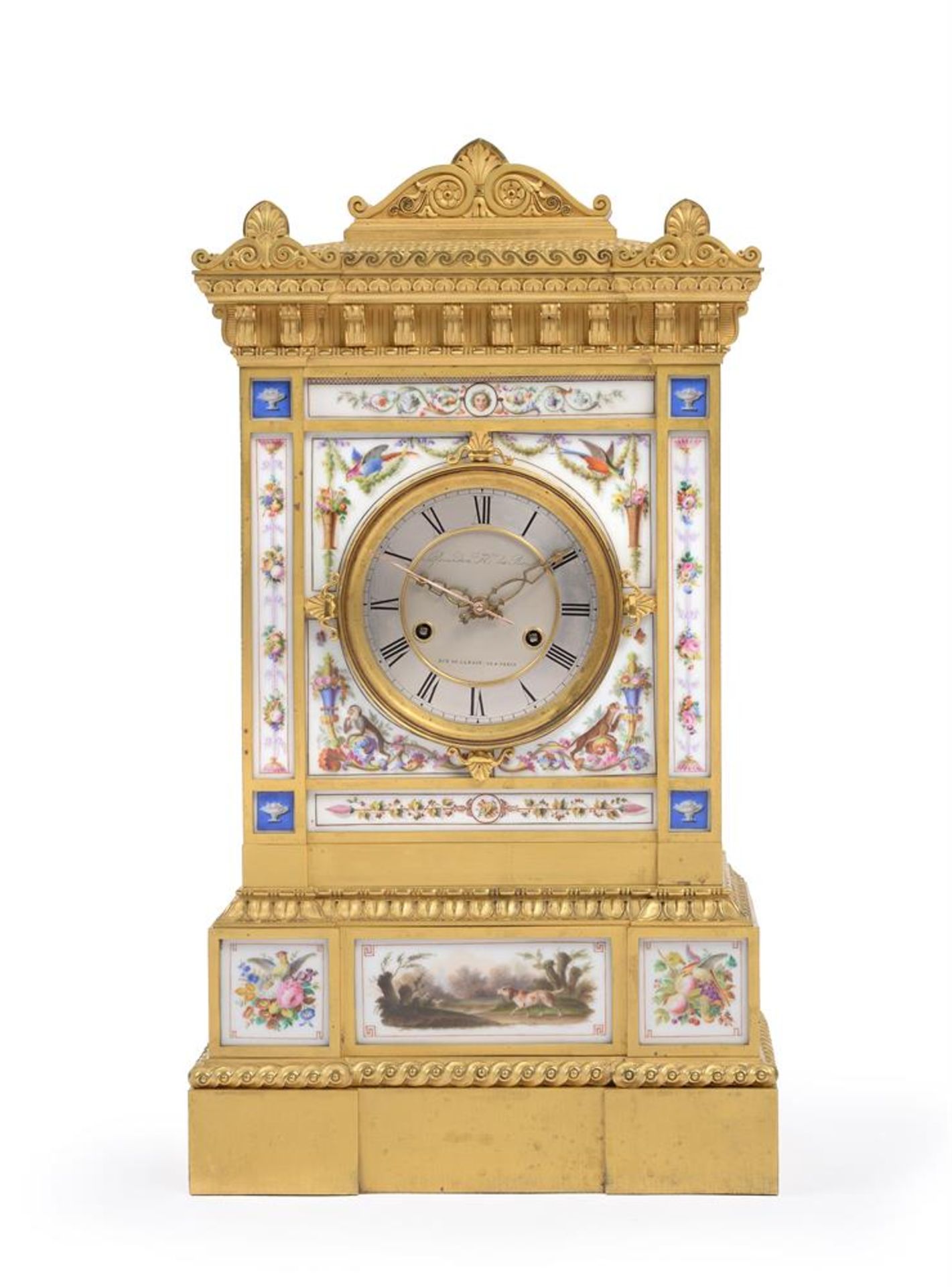 A FRENCH RESTAURATION ORMOLU AND PARIS PORCELAIN ARCHITECTURAL MANTEL CLOCK, CIRCA 1830