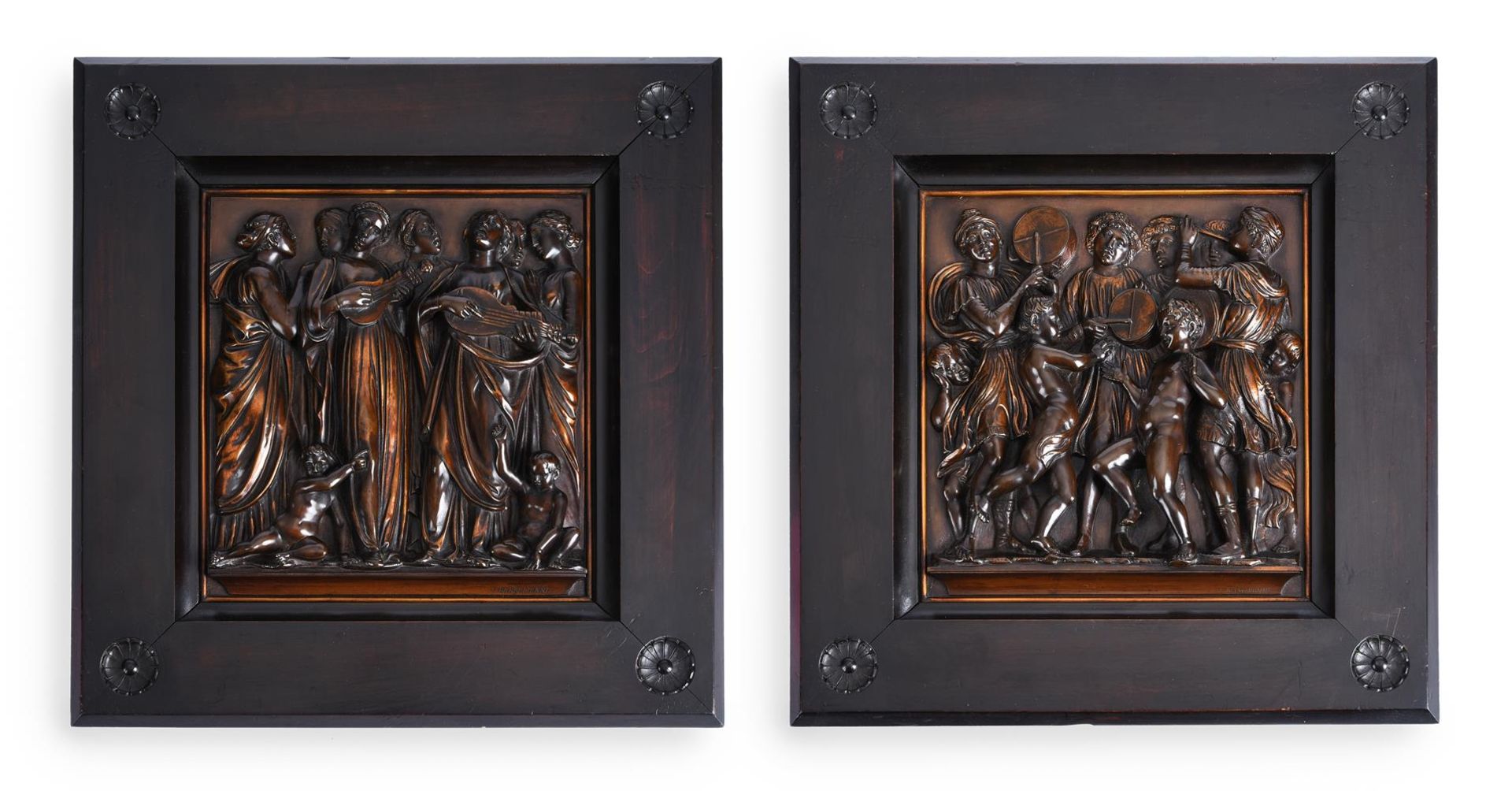 AFTER LUCA DELLA ROBBIA, A PAIR OF BARBEDIENNE PARCEL GILT BRONZE 'CANTORIA' PLAQUES, FRENCH